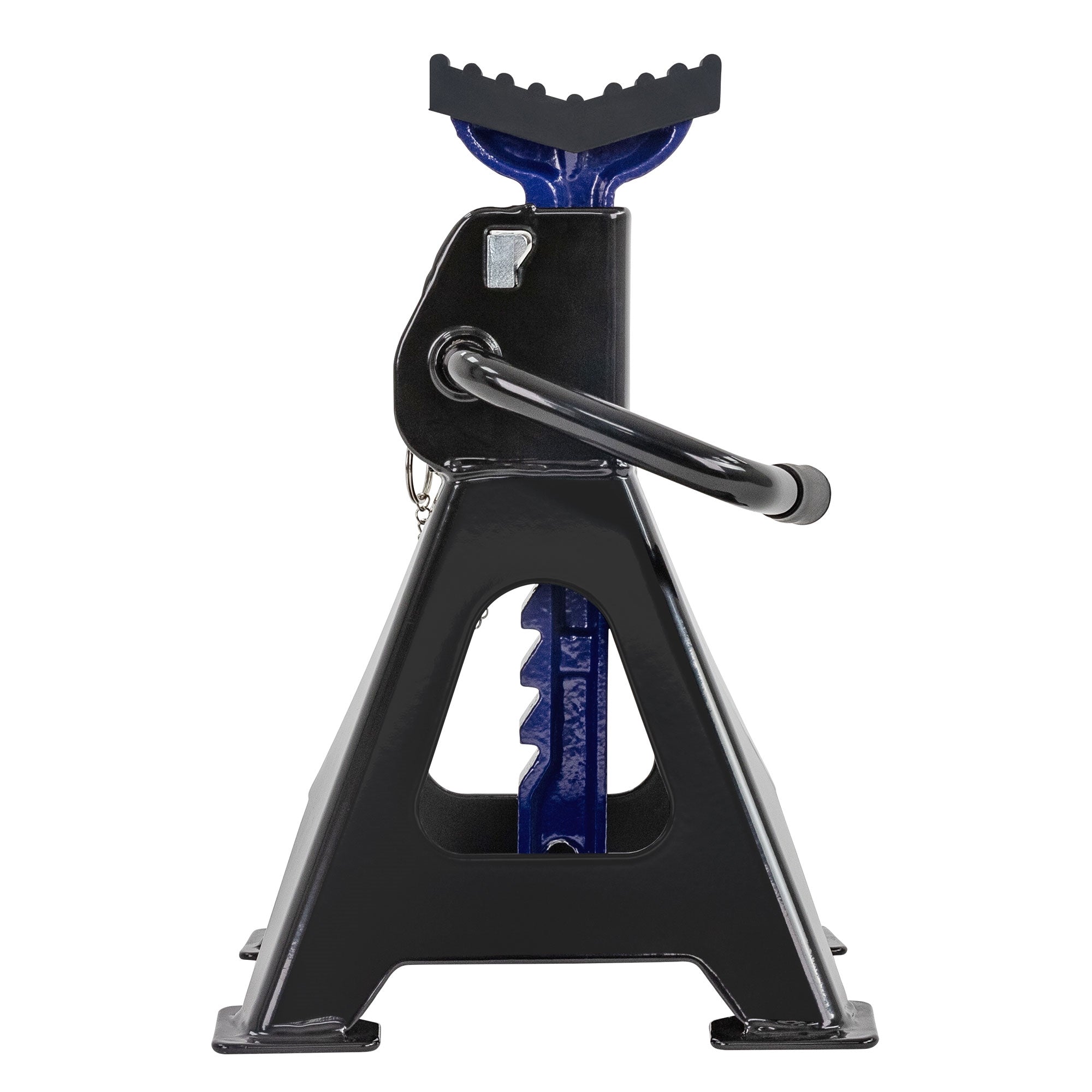 Ein Wagenheber in vertikaler Ansicht, schwarz mit blauen Akzenten.