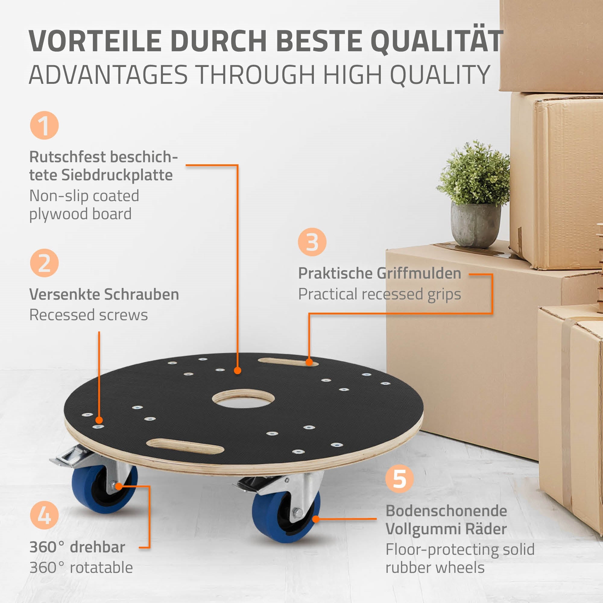 Vorteile eines Transportwagens, rutschfeste Oberfläche, versenkte Schrauben.