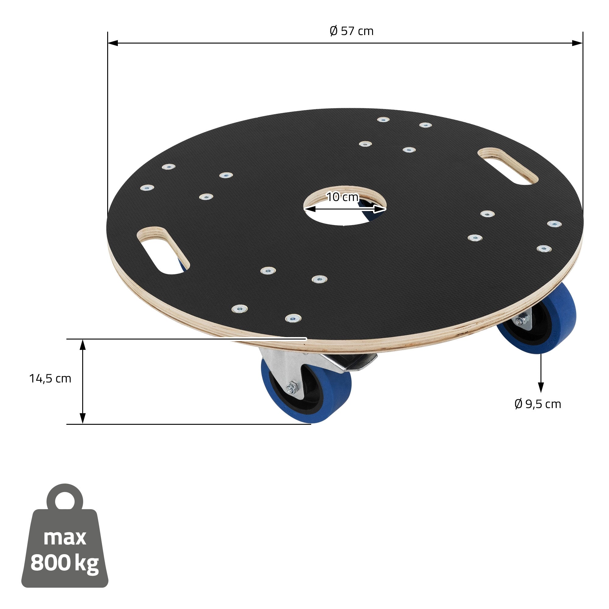 Möbelroller mit Maßangaben und maximaler Tragfähigkeit von 800 kg.