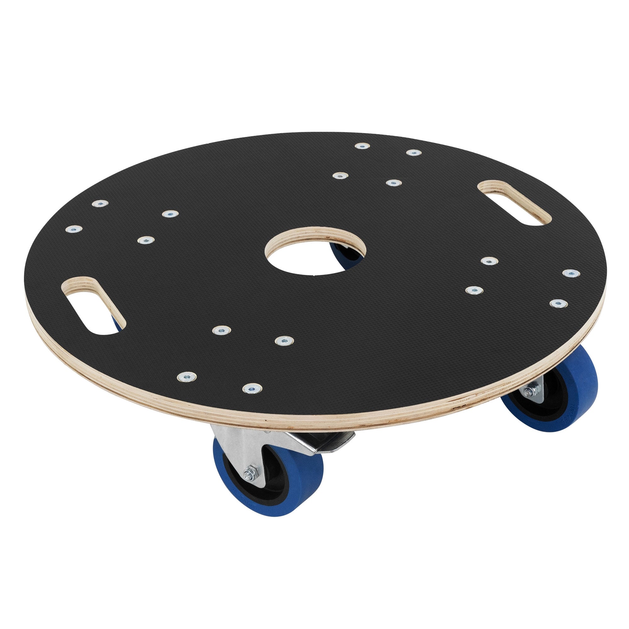 Möbelroller mit runder Form und blauen Gummirädern.