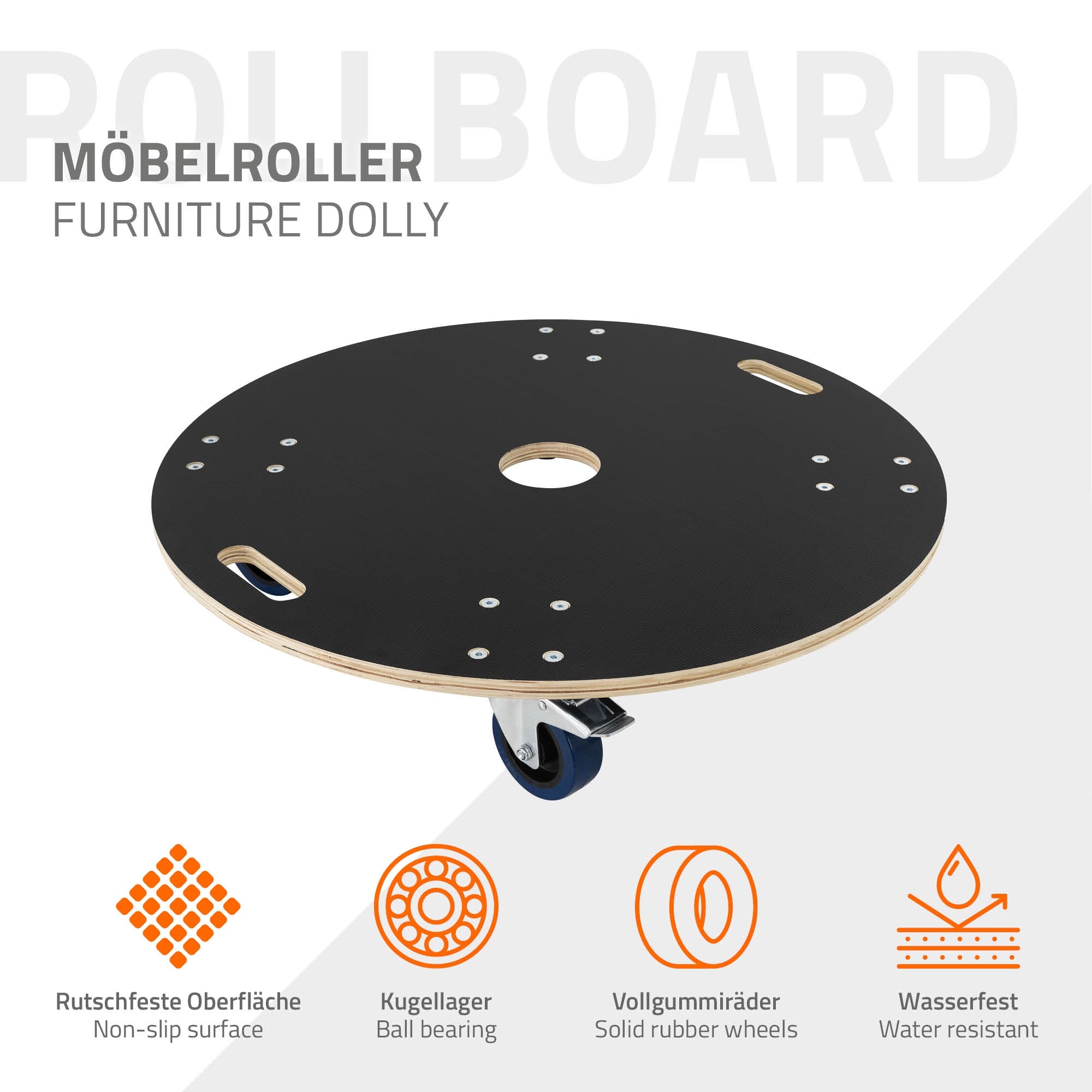 Ein Möbelroller mit rutschfester Oberfläche und Vollgummirädern.