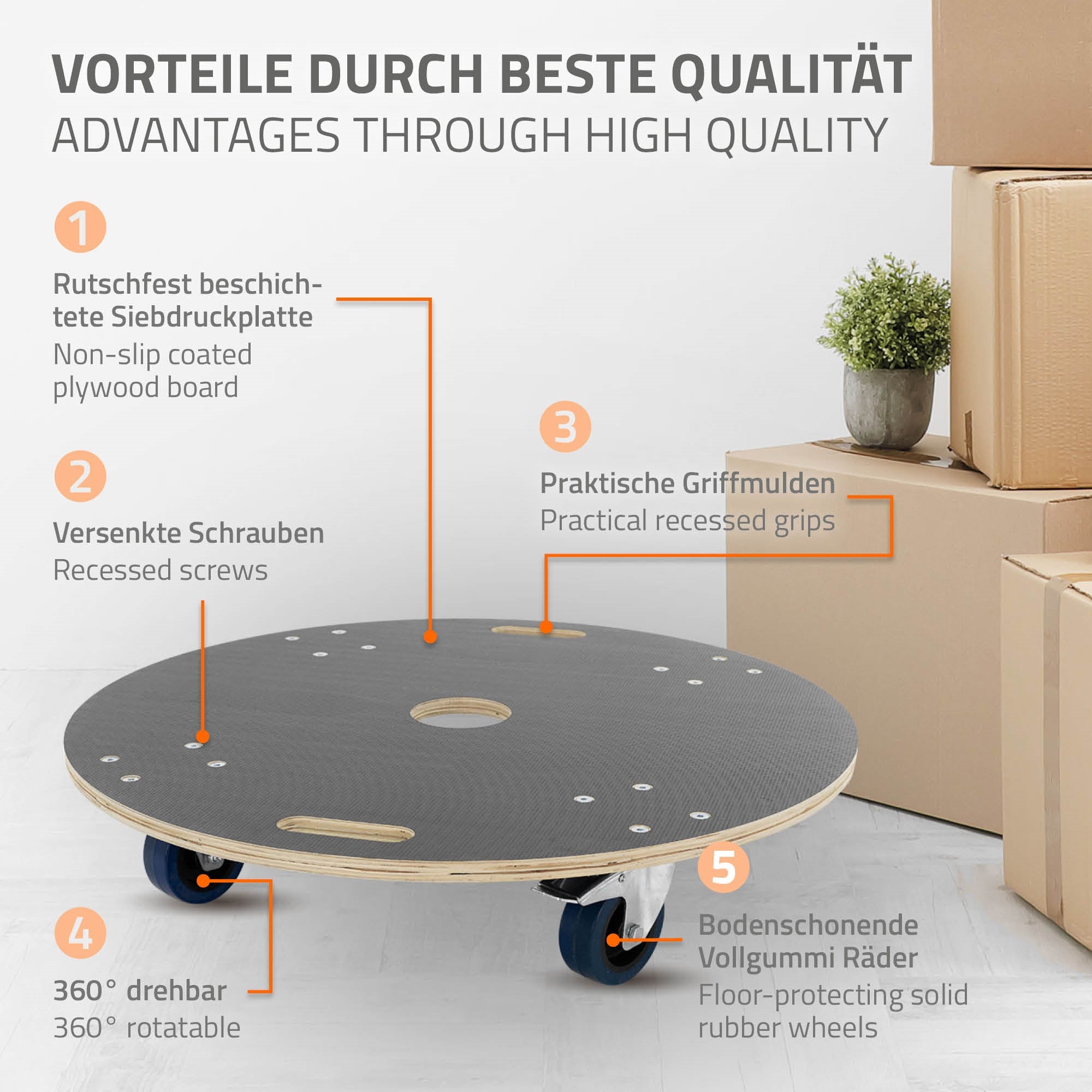 Vorteile eines Transportwagens mit rutschfester Oberfläche und praktischen Griffmulden.