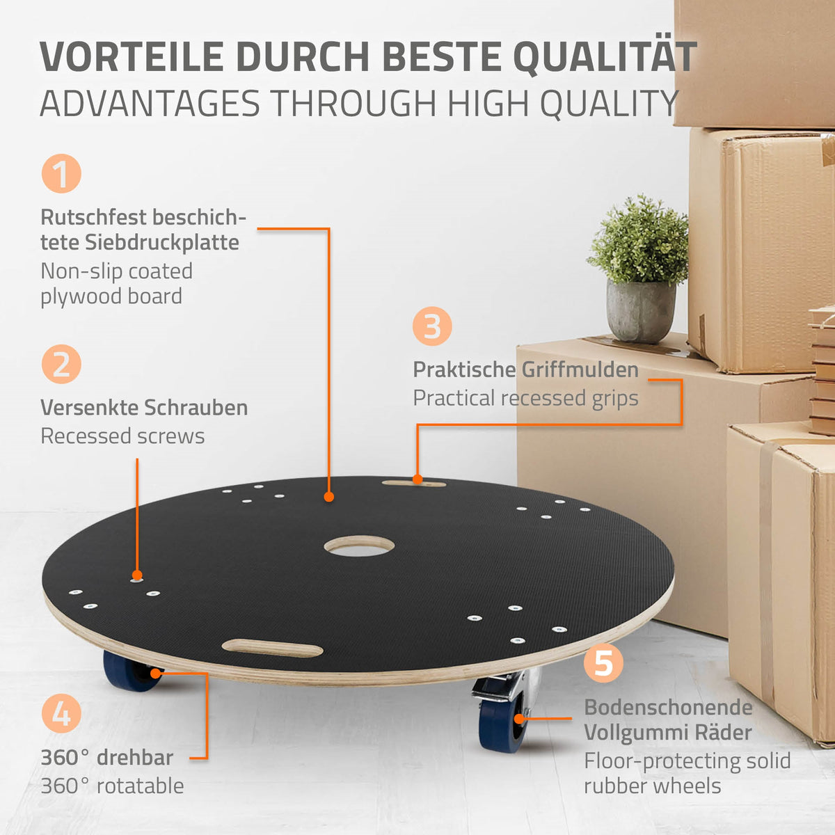 Ein runder, drehbarer Tisch mit rutschfester Oberfläche und praktischen Griffmulden.