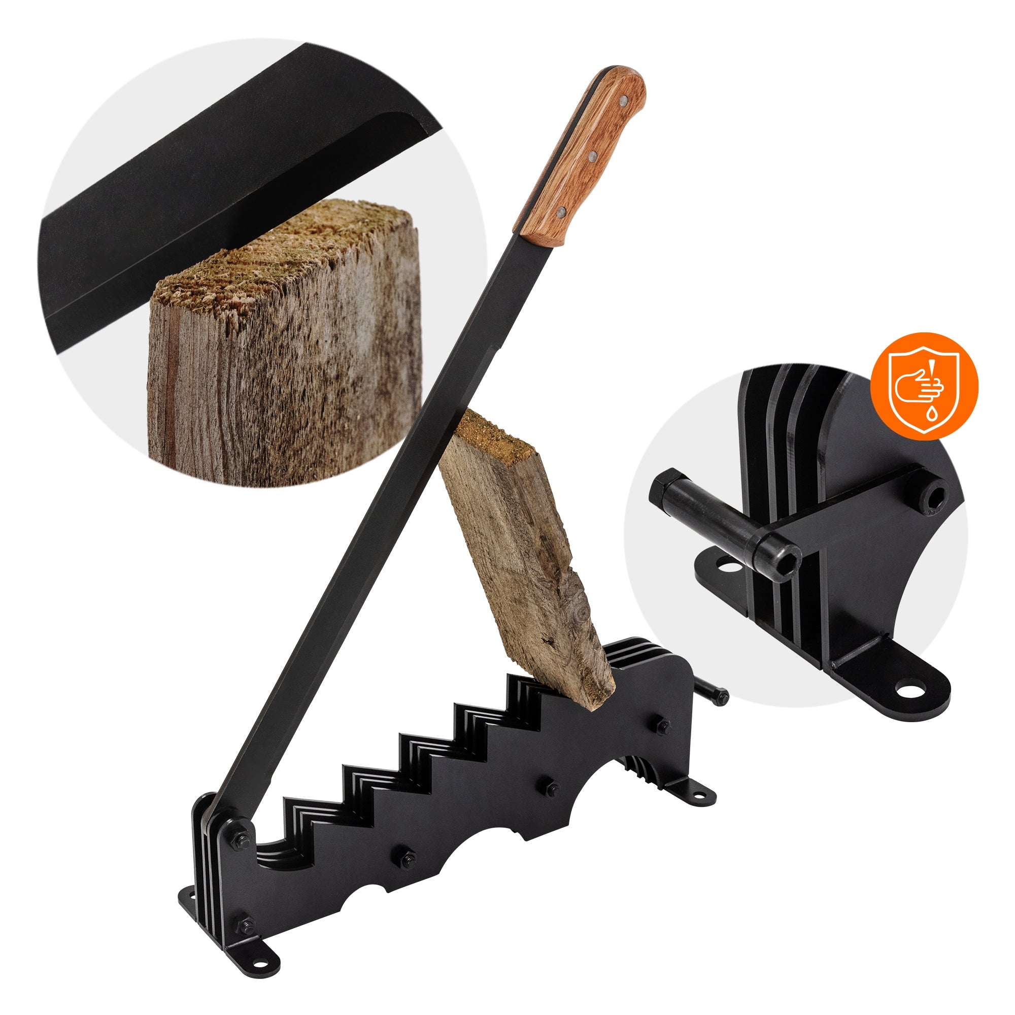 Ein Holzspalter mit einem Stück Holz, das in der Halterung positioniert ist.
