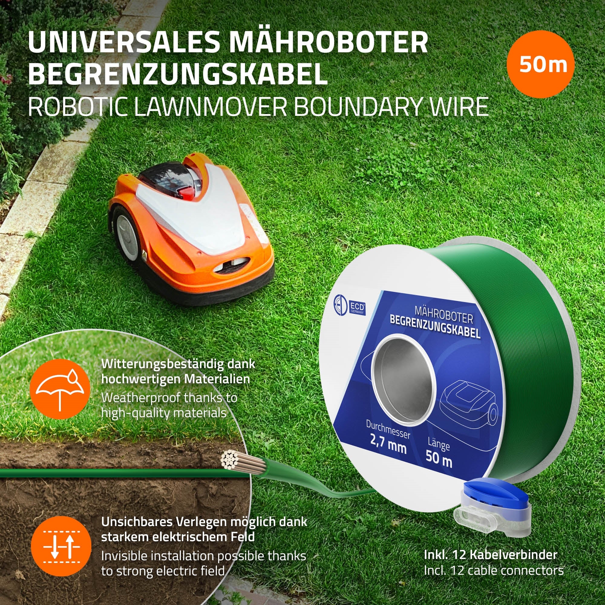 Mähroboter Begrenzungskabel, 50 m, mit Kabelverbinder und Installationstipps.