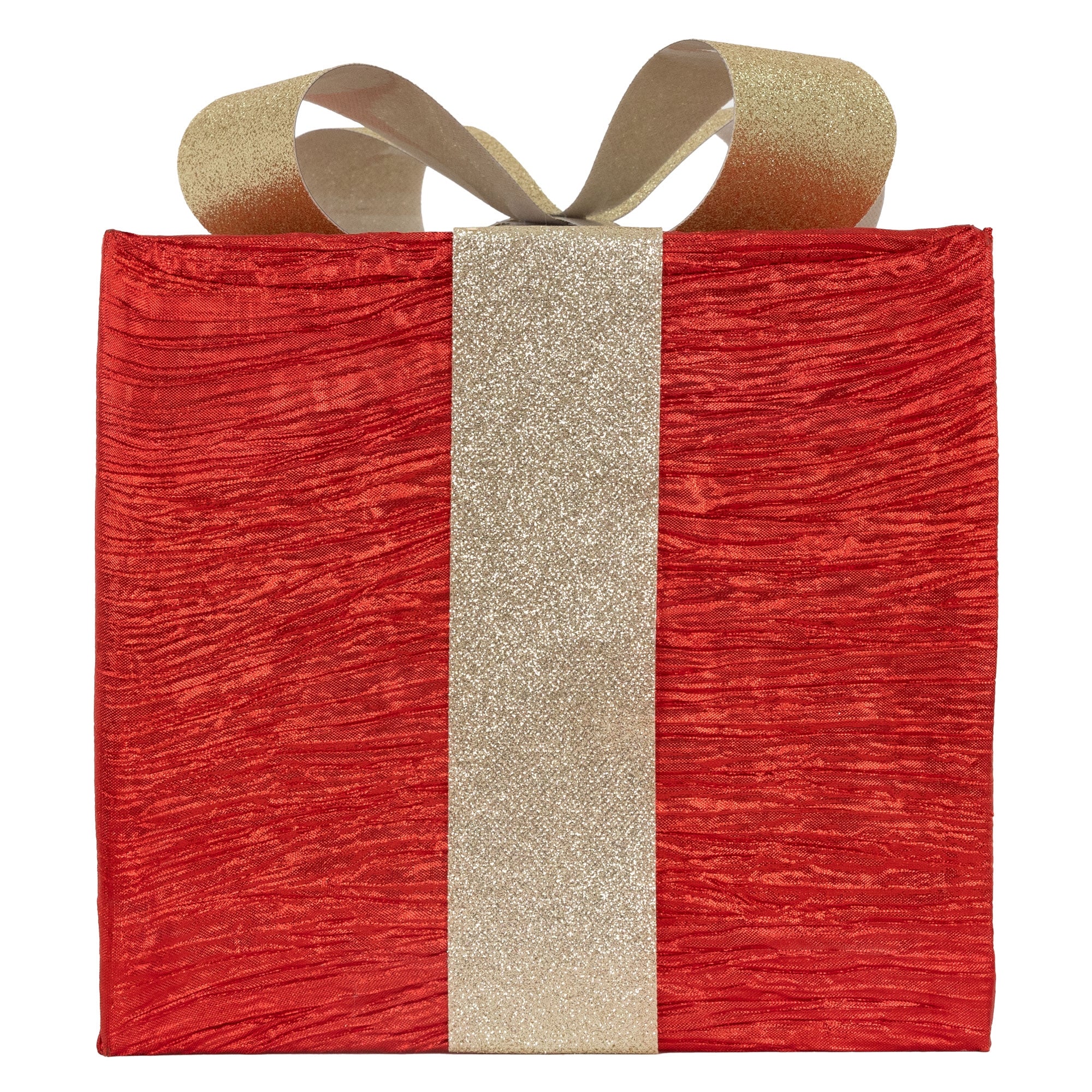 Rotes Geschenk mit goldener Schleife, von vorne betrachtet.