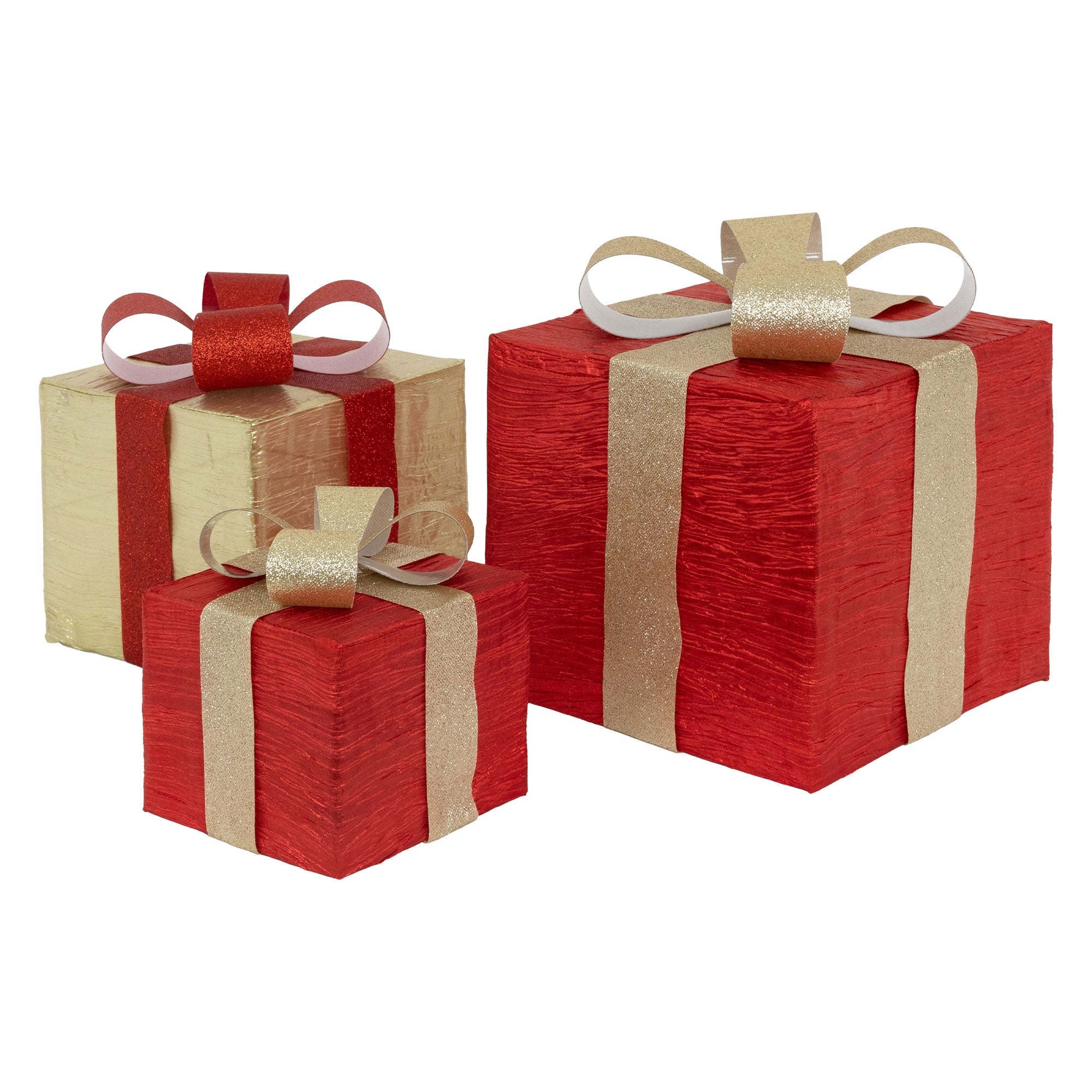 Drei Geschenkpäckchen in Rot und Gold mit Schleifen.