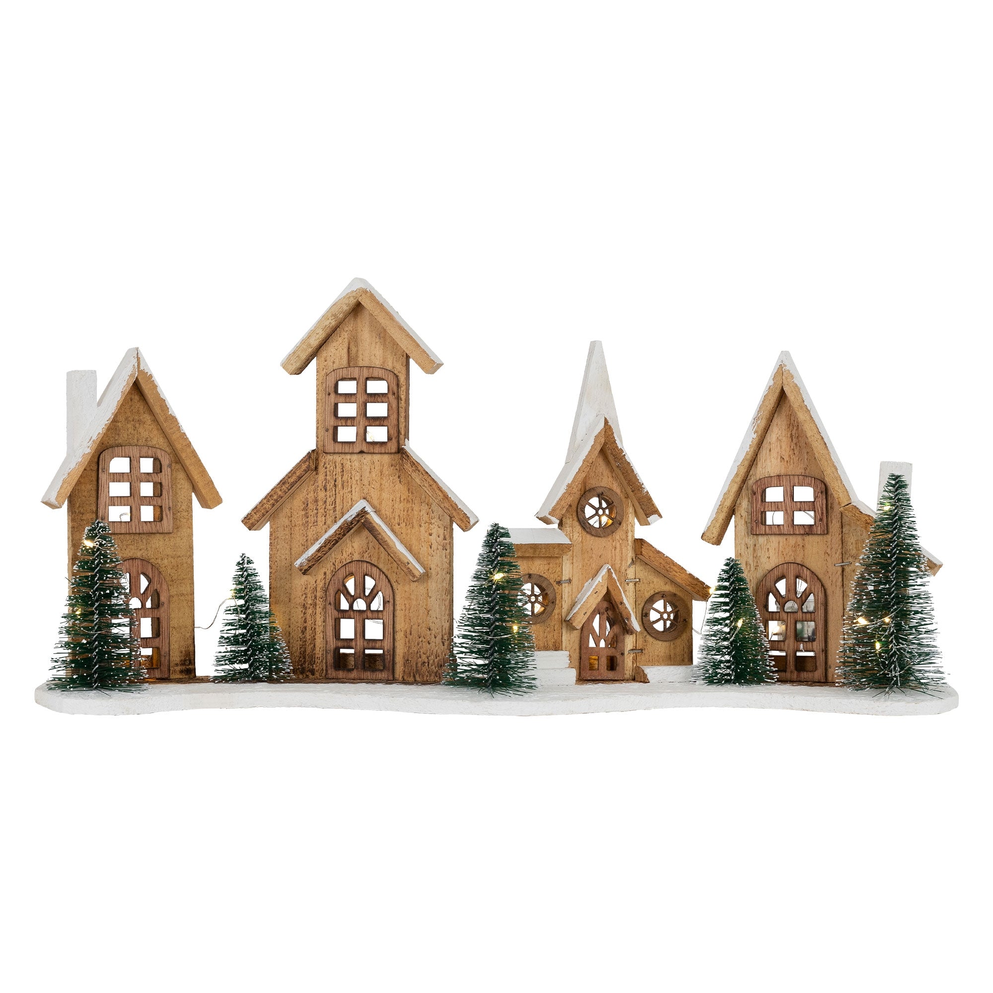 Detailed view of five wooden houses with windows and fir trees on a white surface.