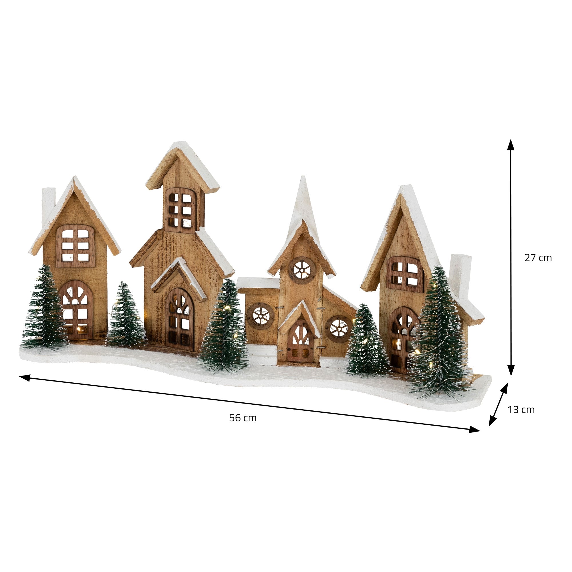 Decorative wooden houses with fir trees, dimensions: 56 cm x 27 cm x 13 cm.