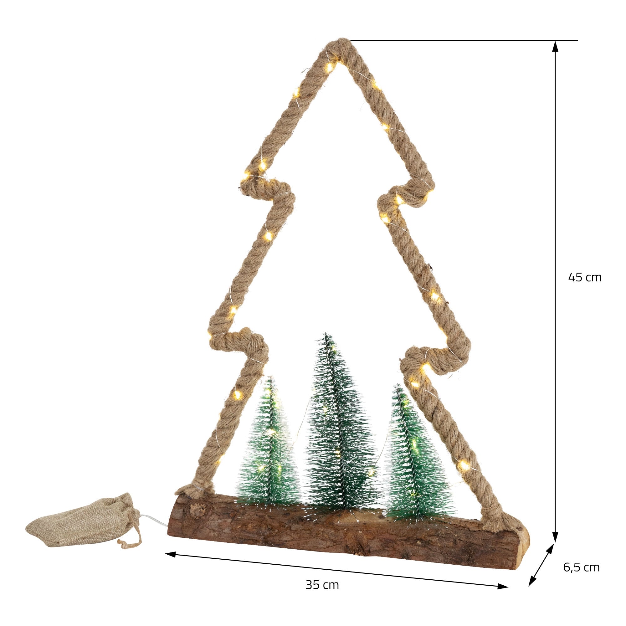 Maßangaben für einen Weihnachtsbaum aus Holz, Höhe 45 cm, Breite 35 cm.