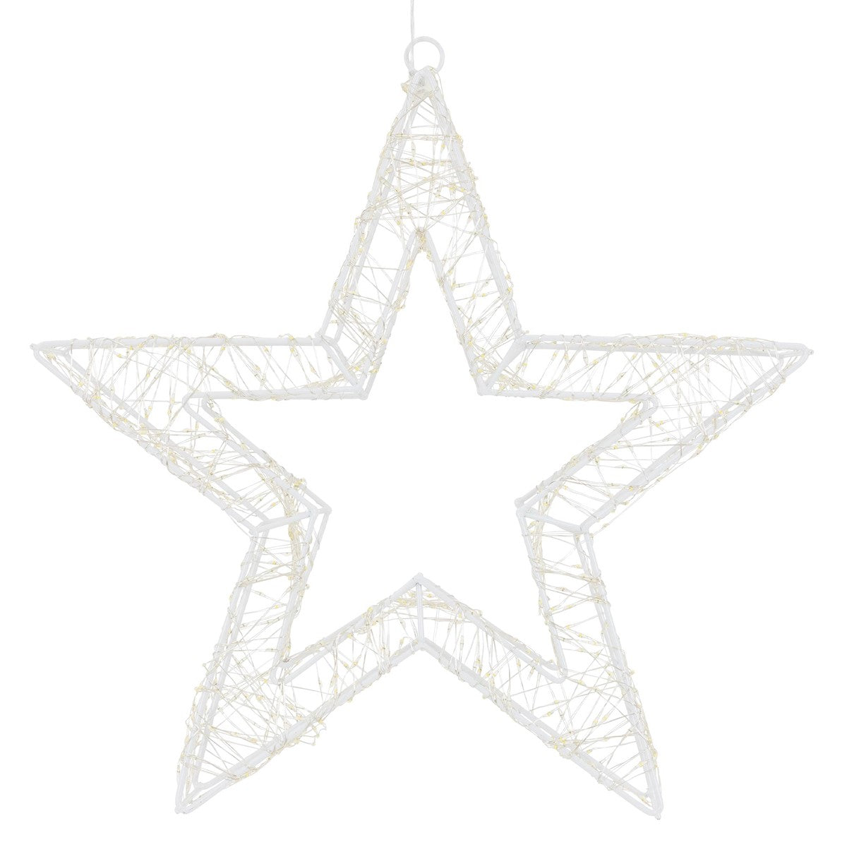 Weißer, dekorativer Stern aus Draht mit Lichtern.