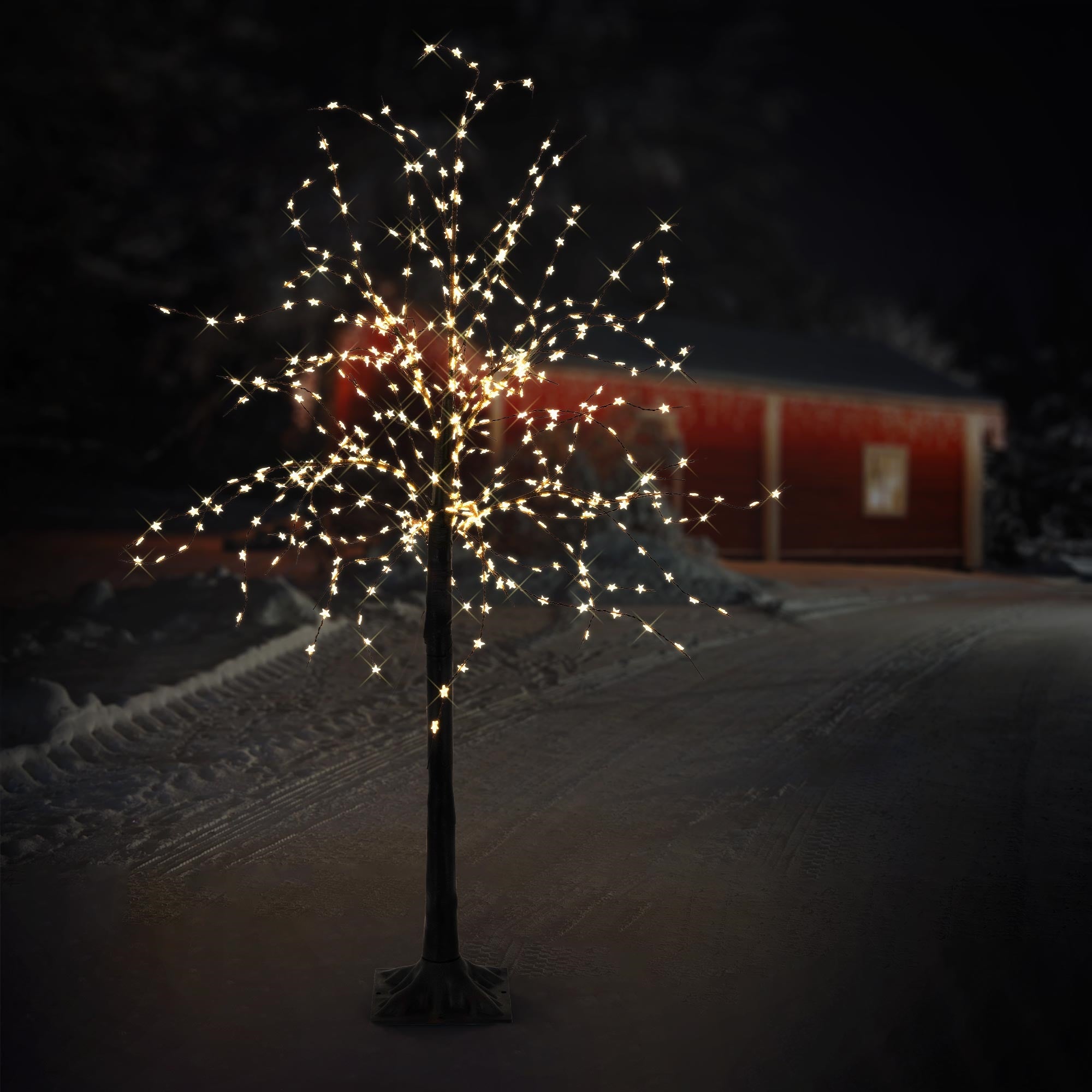 Ein beleuchteter Baum mit Lichtern in einer verschneiten Umgebung.