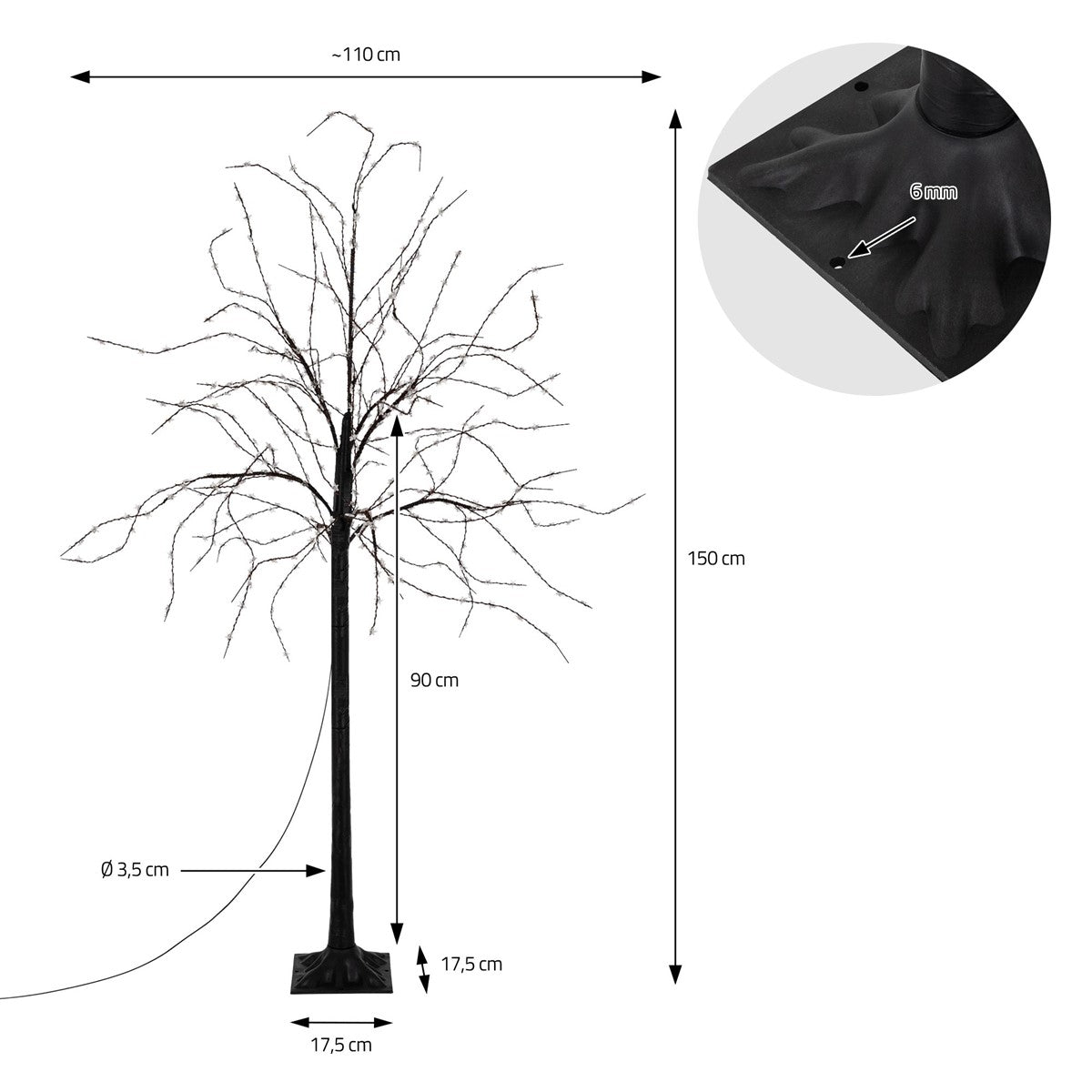Copac negru cu ramuri goale, cu dimensiuni și diagramă afișate.