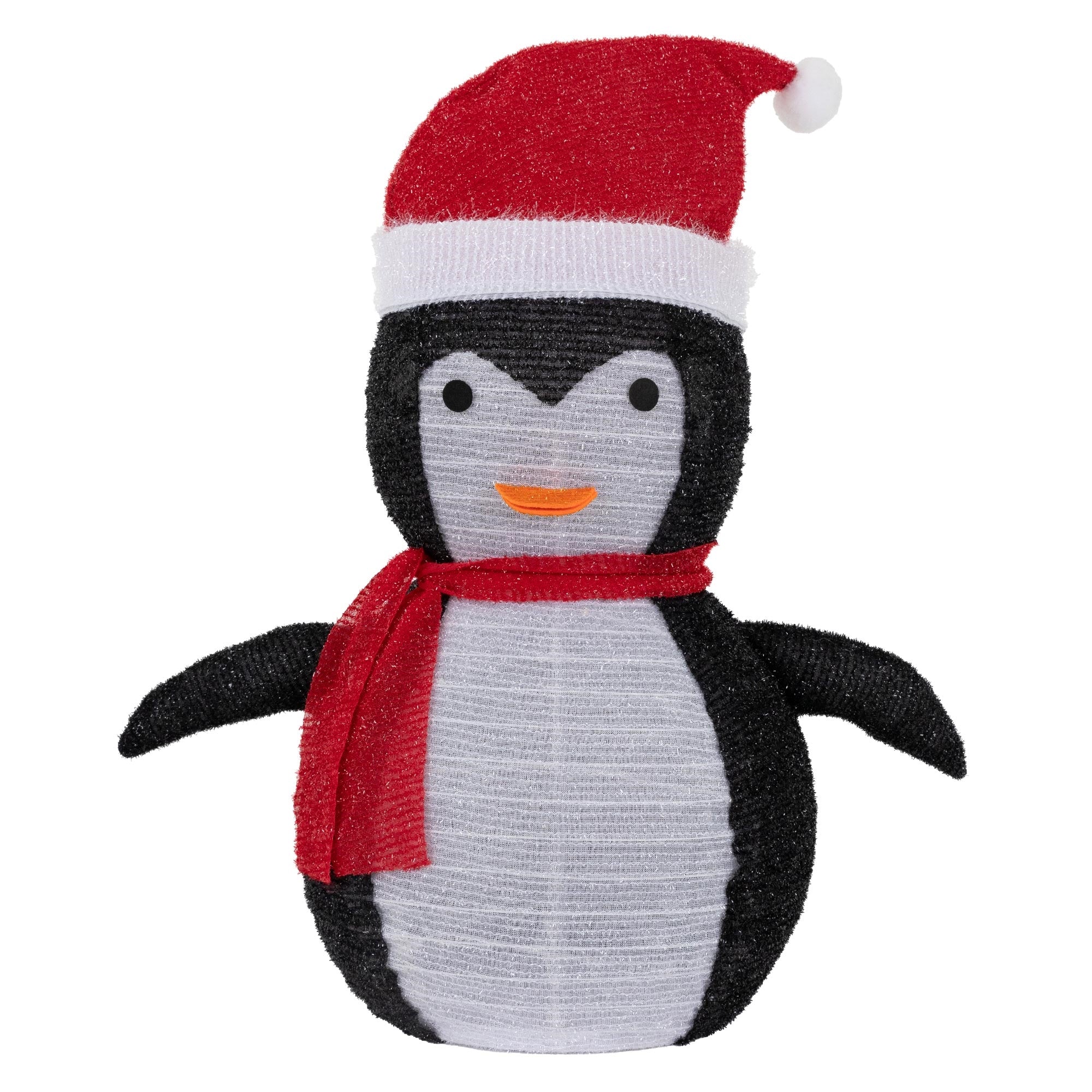 Ein Pinguin mit rotem Hut und Schal, schaut freundlich.