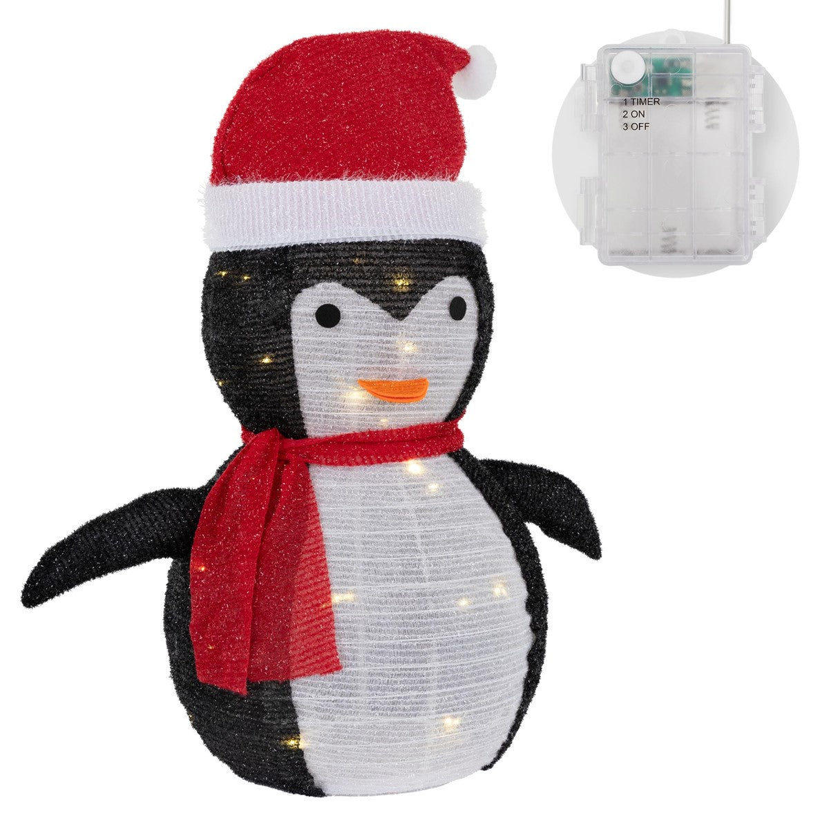 Pinguino con cappello rosso, sciarpa e illuminazione, su sfondo bianco.