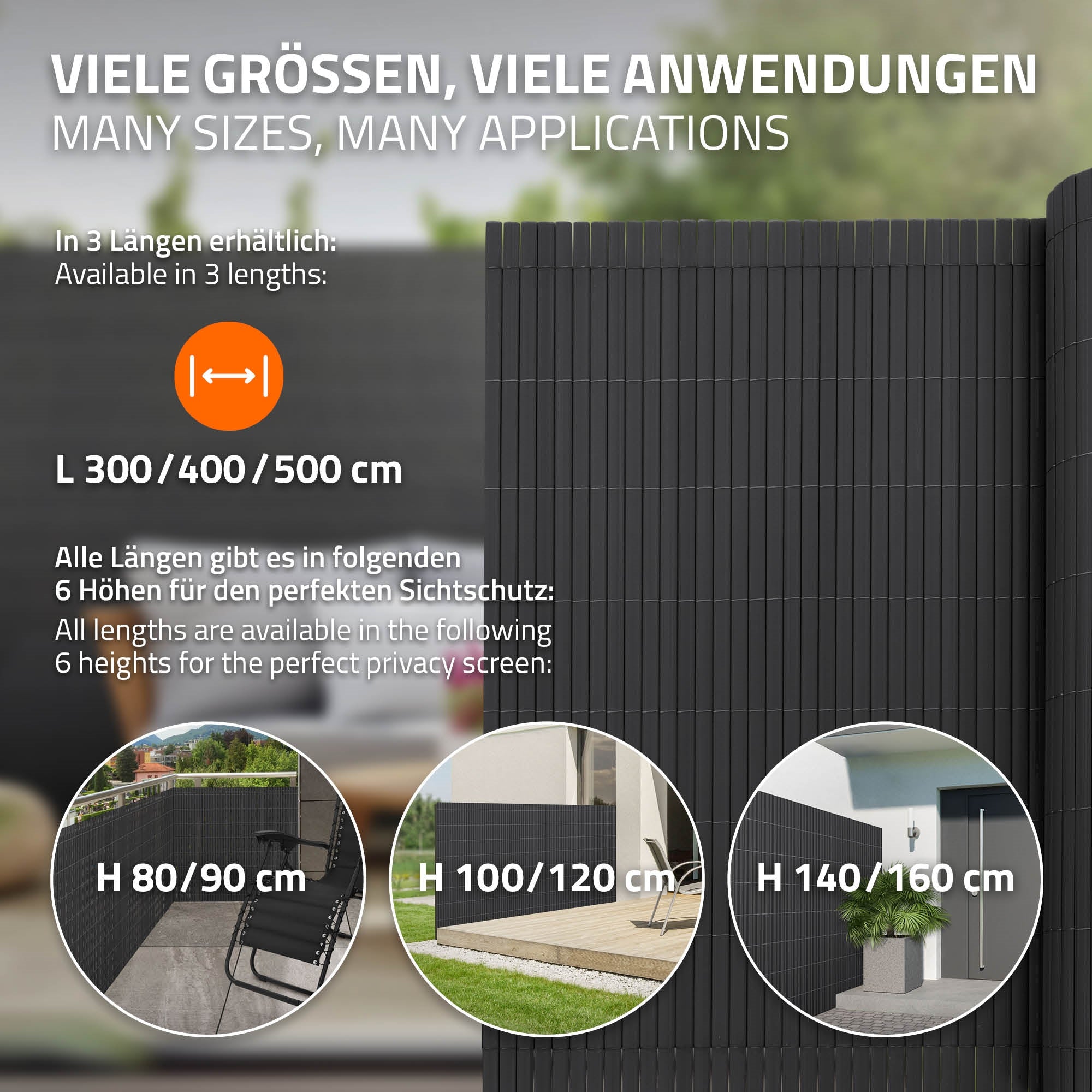 Informationen zu verschiedenen Größen und Höhen eines Sichtschutzes.