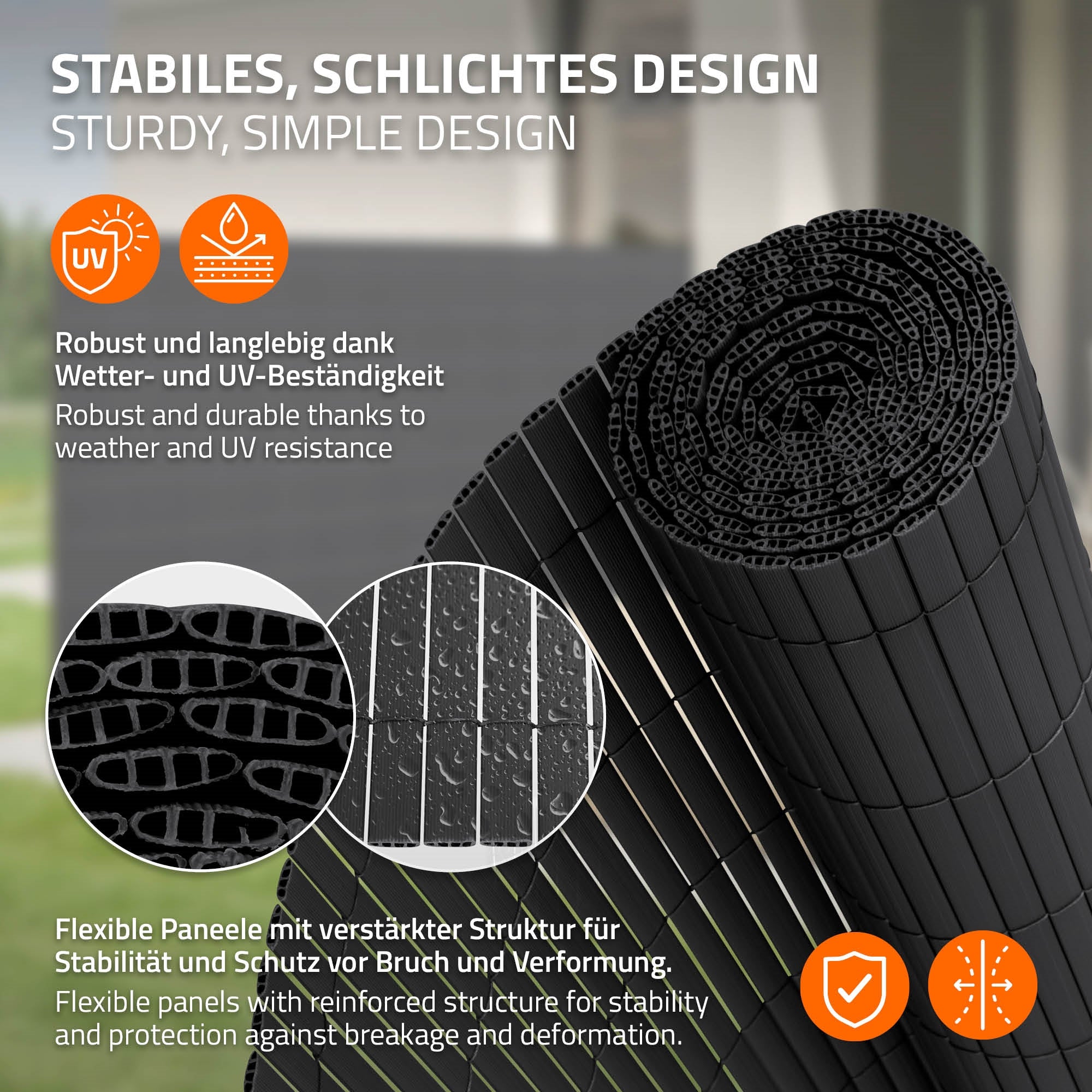 Flexibles Sichtschutzpaneel, robust und wetterbeständig, mit Struktur.