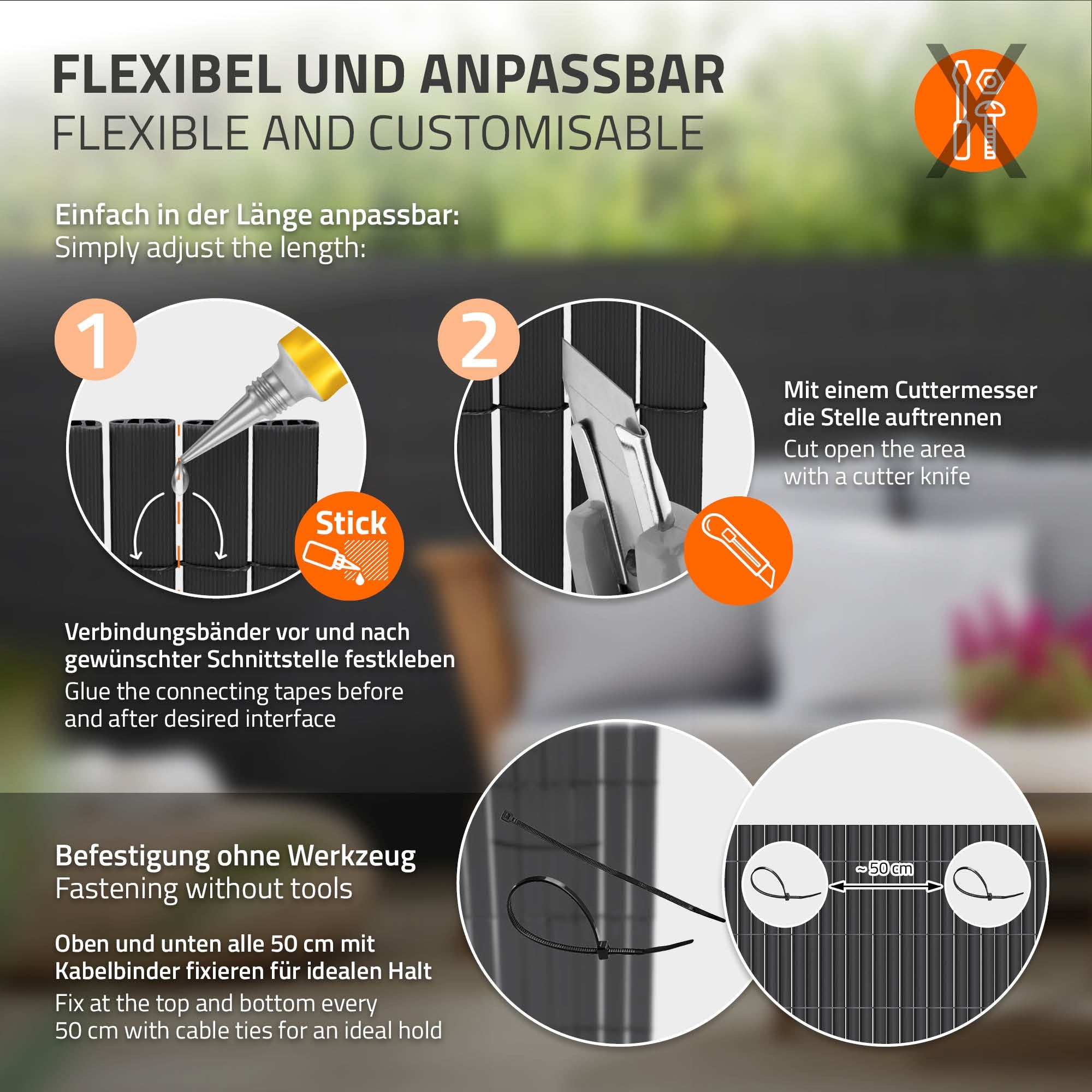 Anleitung zur Anpassung eines Produkts mit einem Cutter und Klebestreifen.