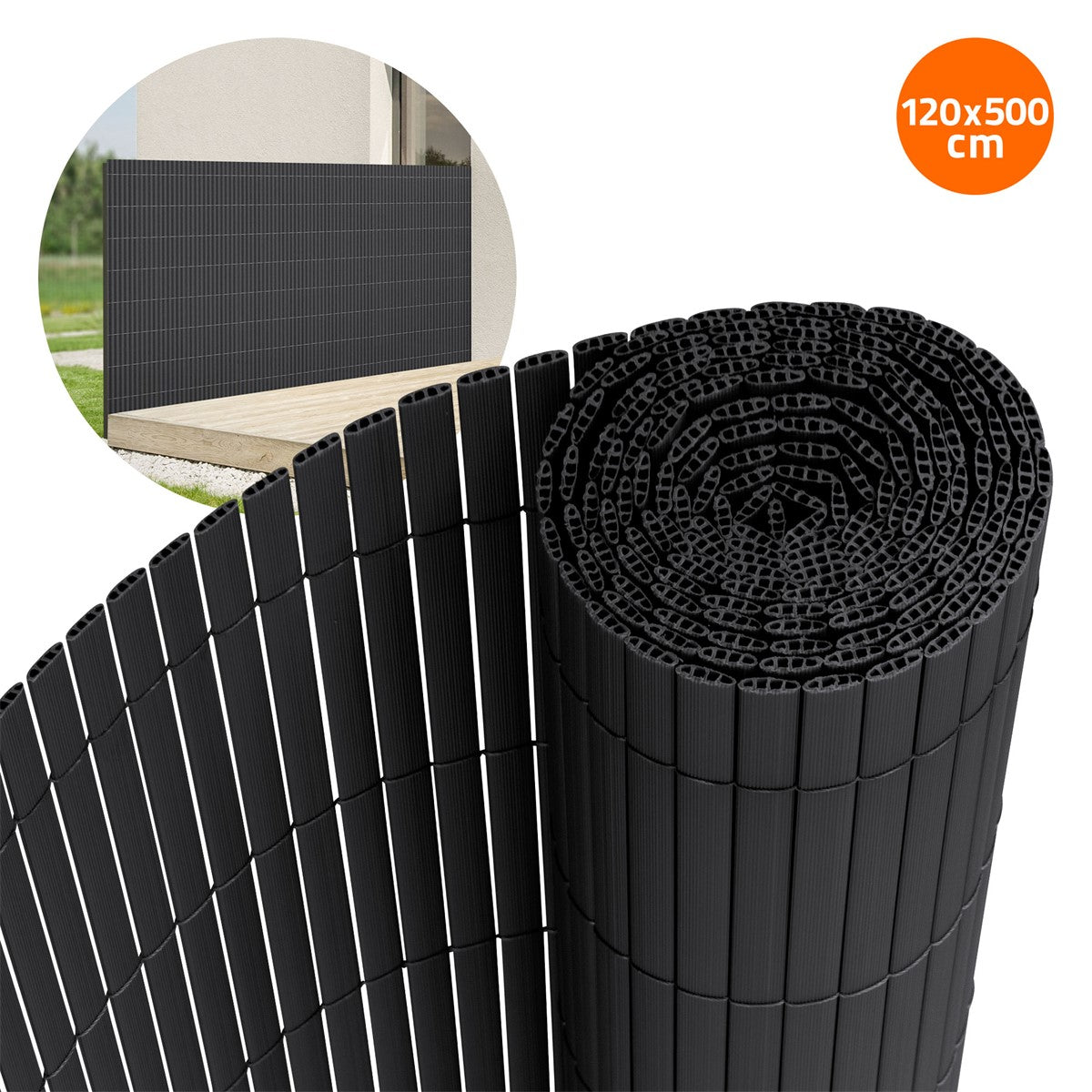 Roll of black PVC privacy screen, rolled up and partially unrolled.