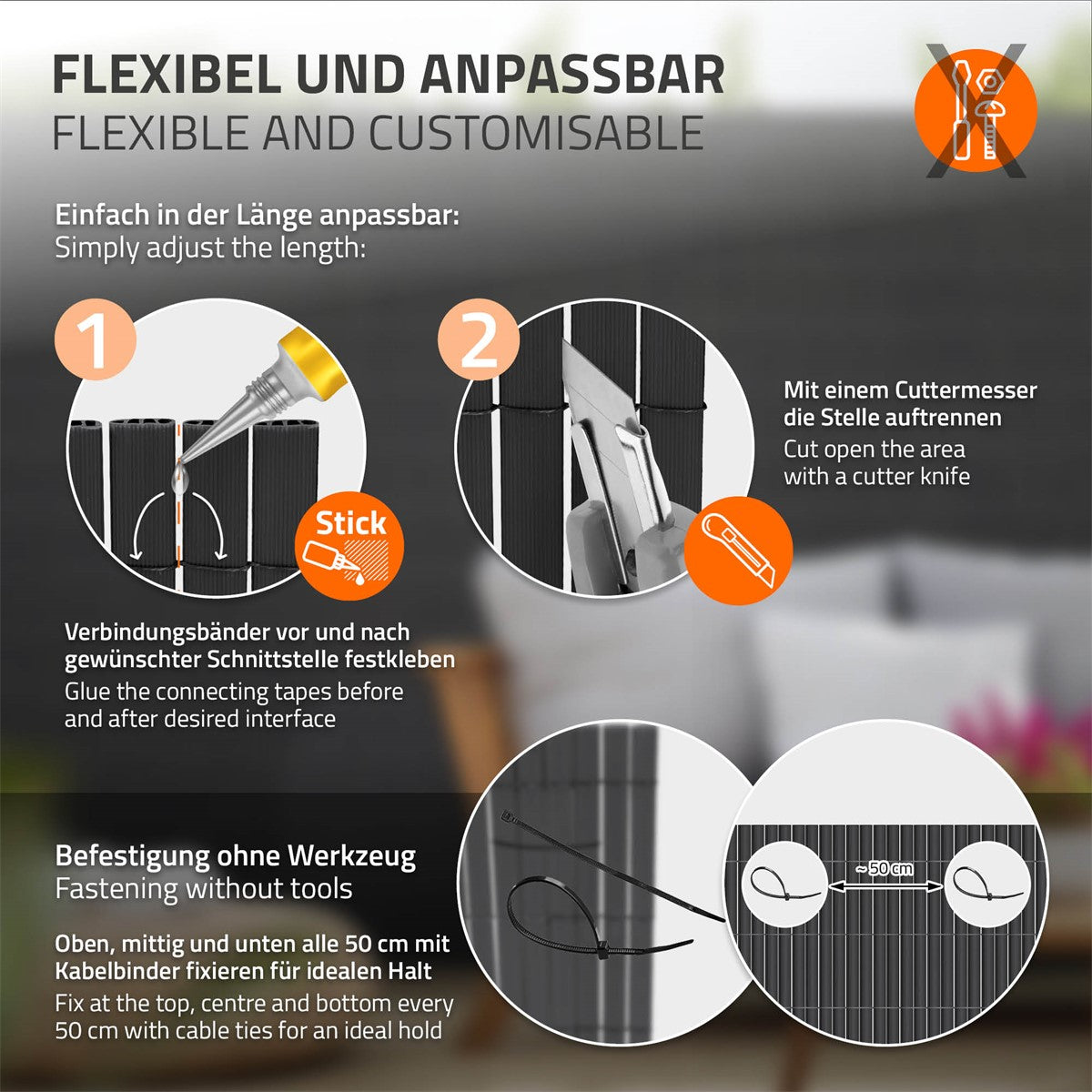 Anleitung zur Anpassung eines flexiblen Zauns mit Cutter und Verbindungselementen.