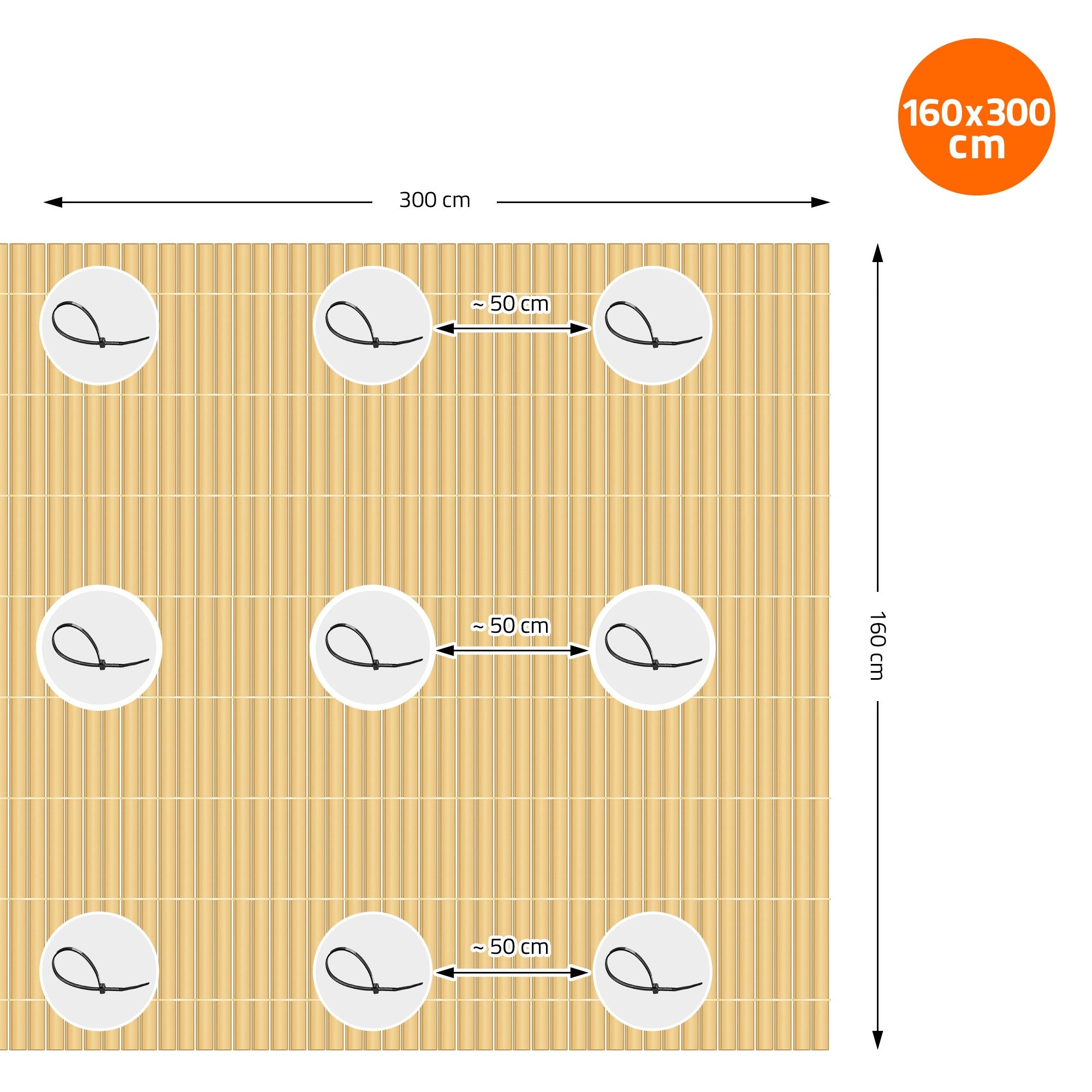 Maßzeichnung für einen PVC-Sichtschutz mit Abmessungen von 160x300 cm.