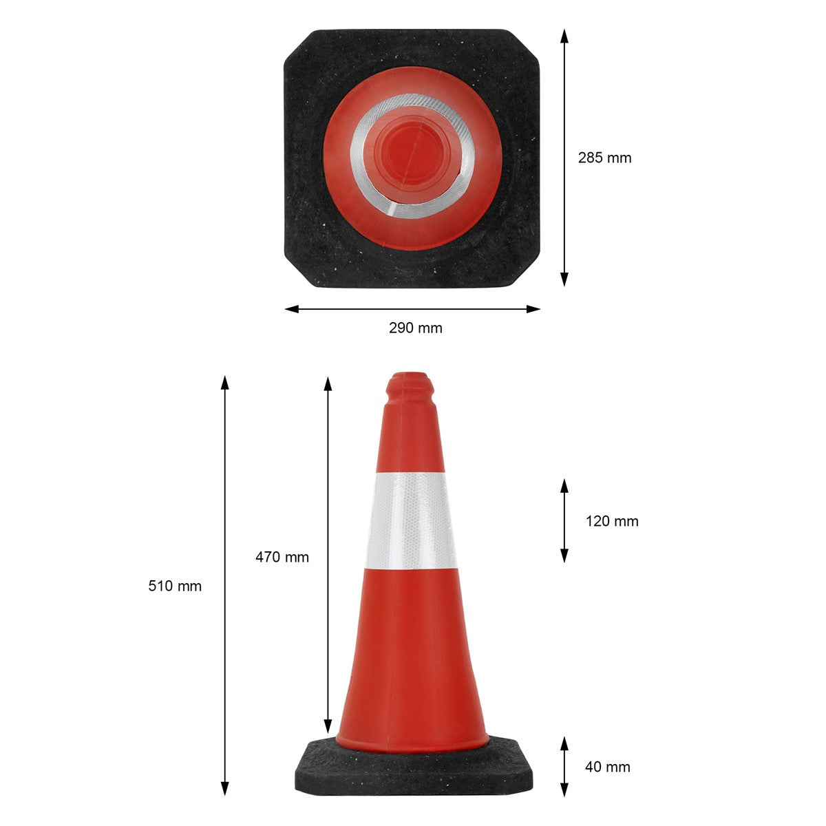 Rote Verkehrshütchen auf schwarzem Untergrund, Maße angegeben.