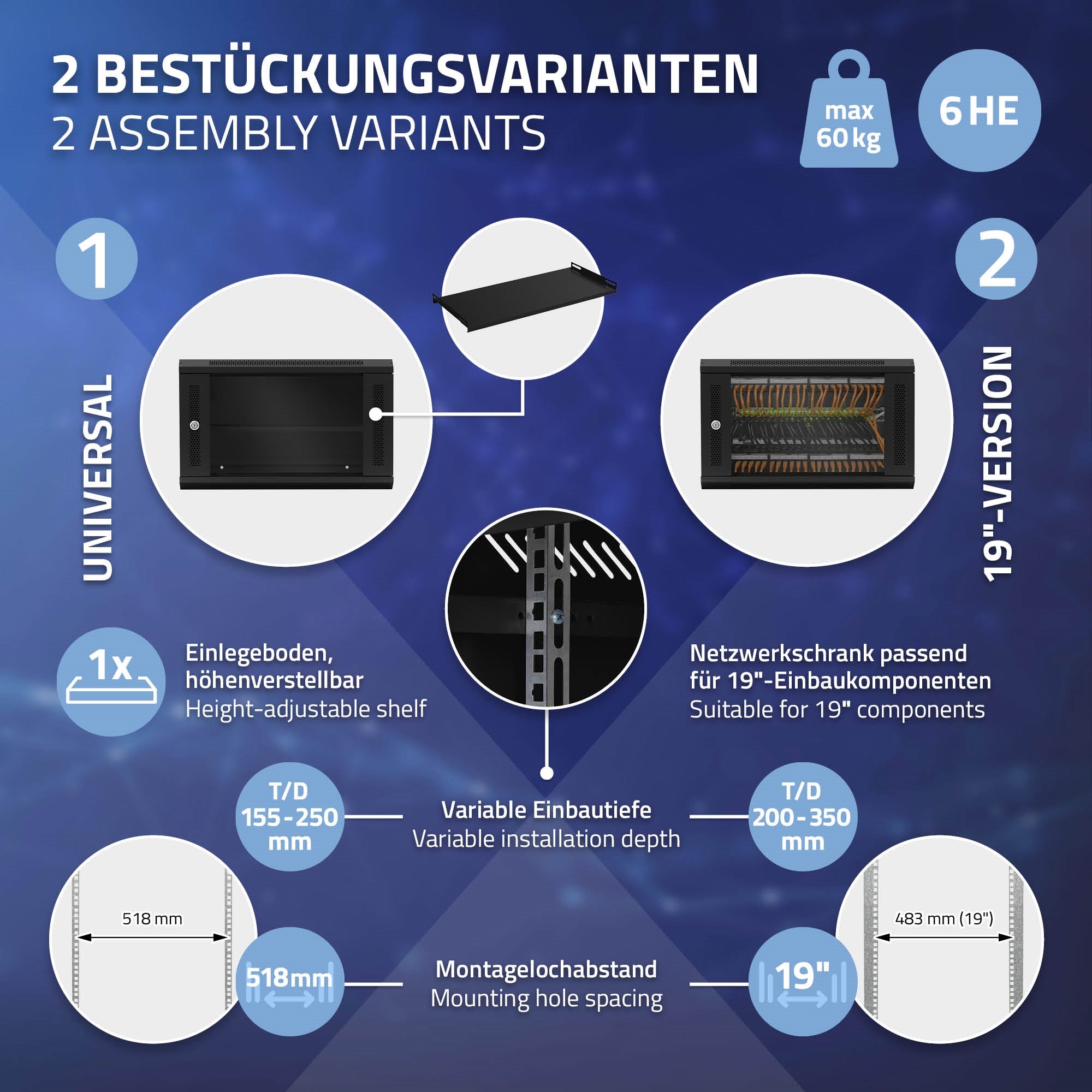 Grafik mit zwei Bestückungsvarianten für einen Netzwerkschrank, Maße und Details.