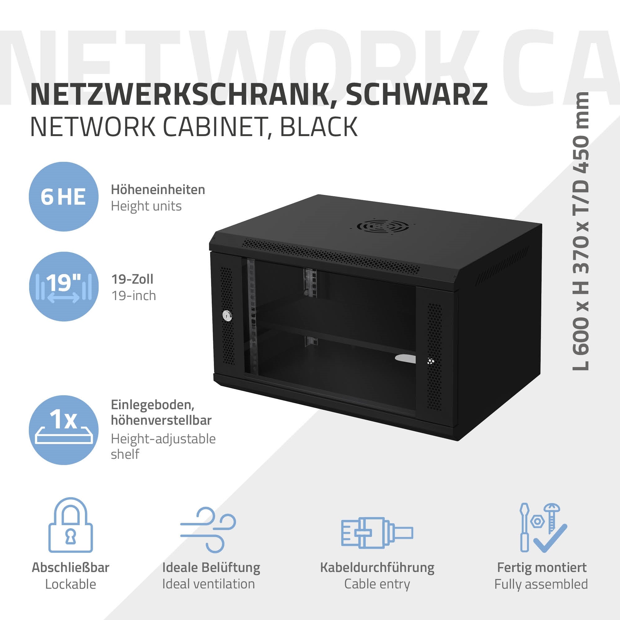 Schwarzer Netzwerkschrank mit technischen Details und Maßangaben.