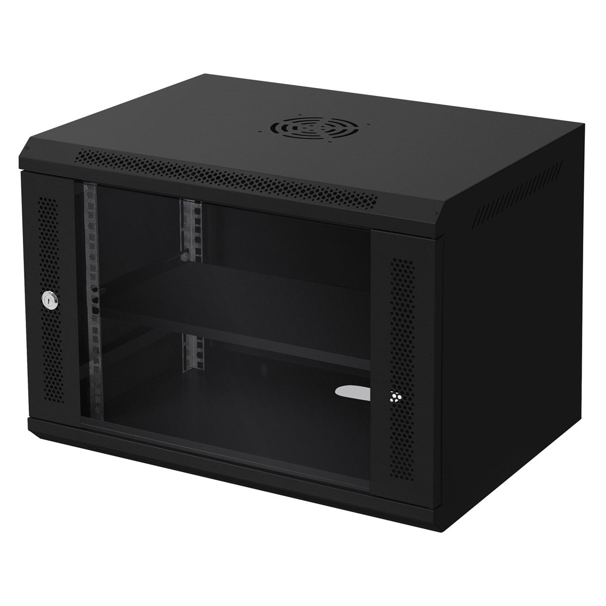 Photo of a black network cabinet with a glass door and two shelves.