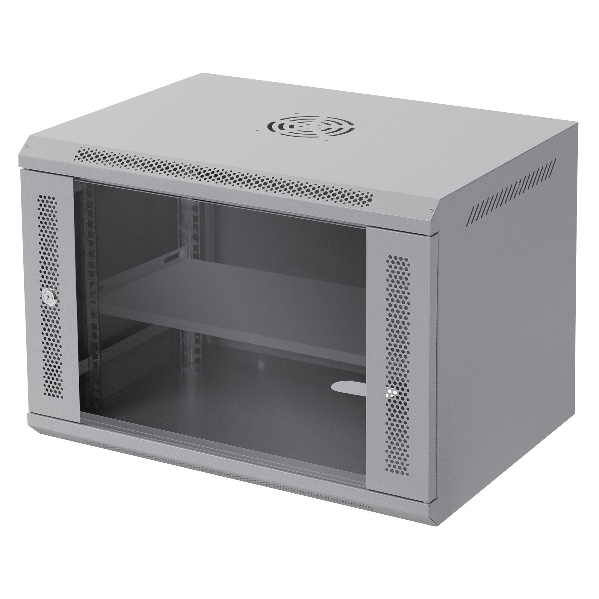 Grauer Serverschrank mit Glastür und zwei Regalen.