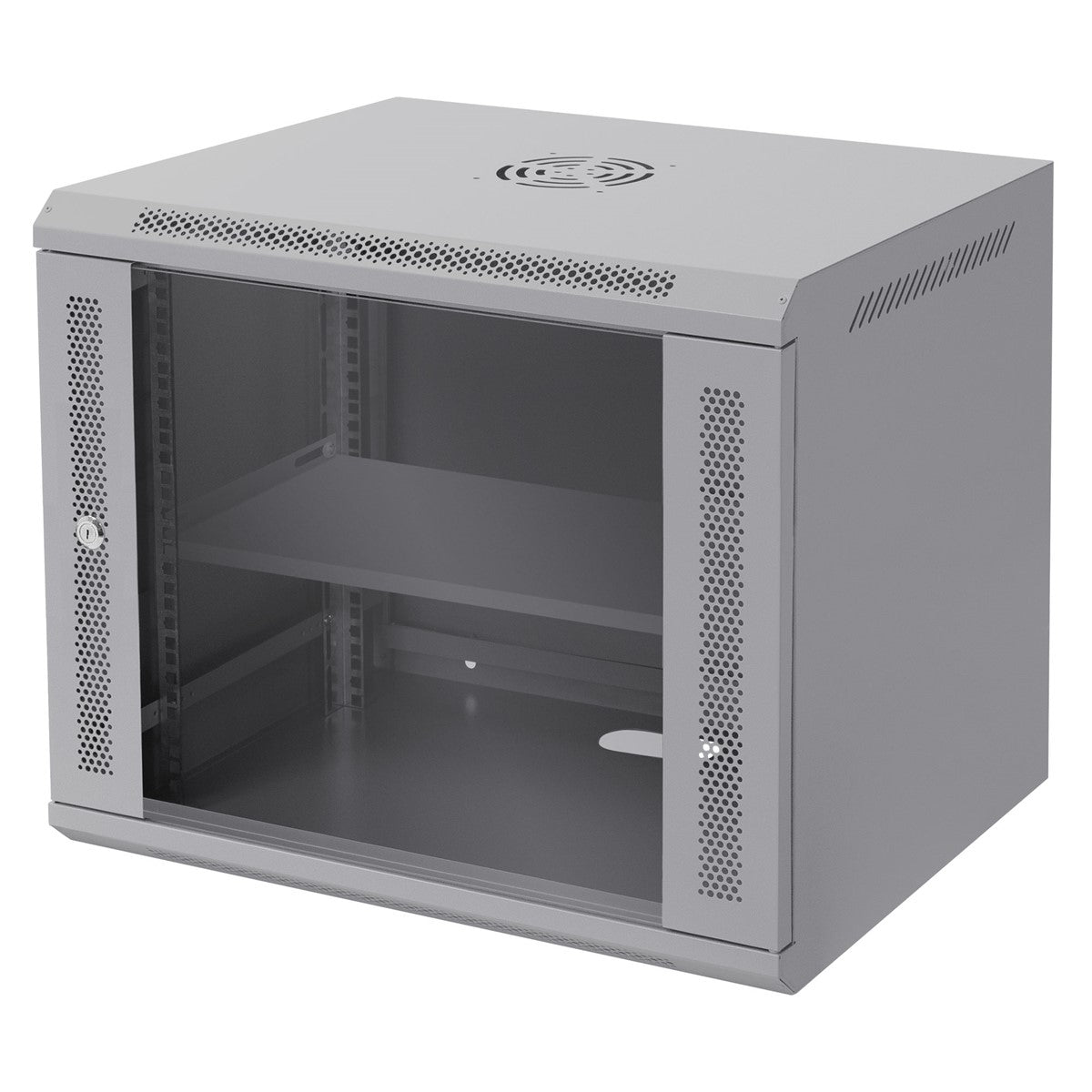 Grått skåp med glasdörr, två hyllor och ventilationsspringor.
