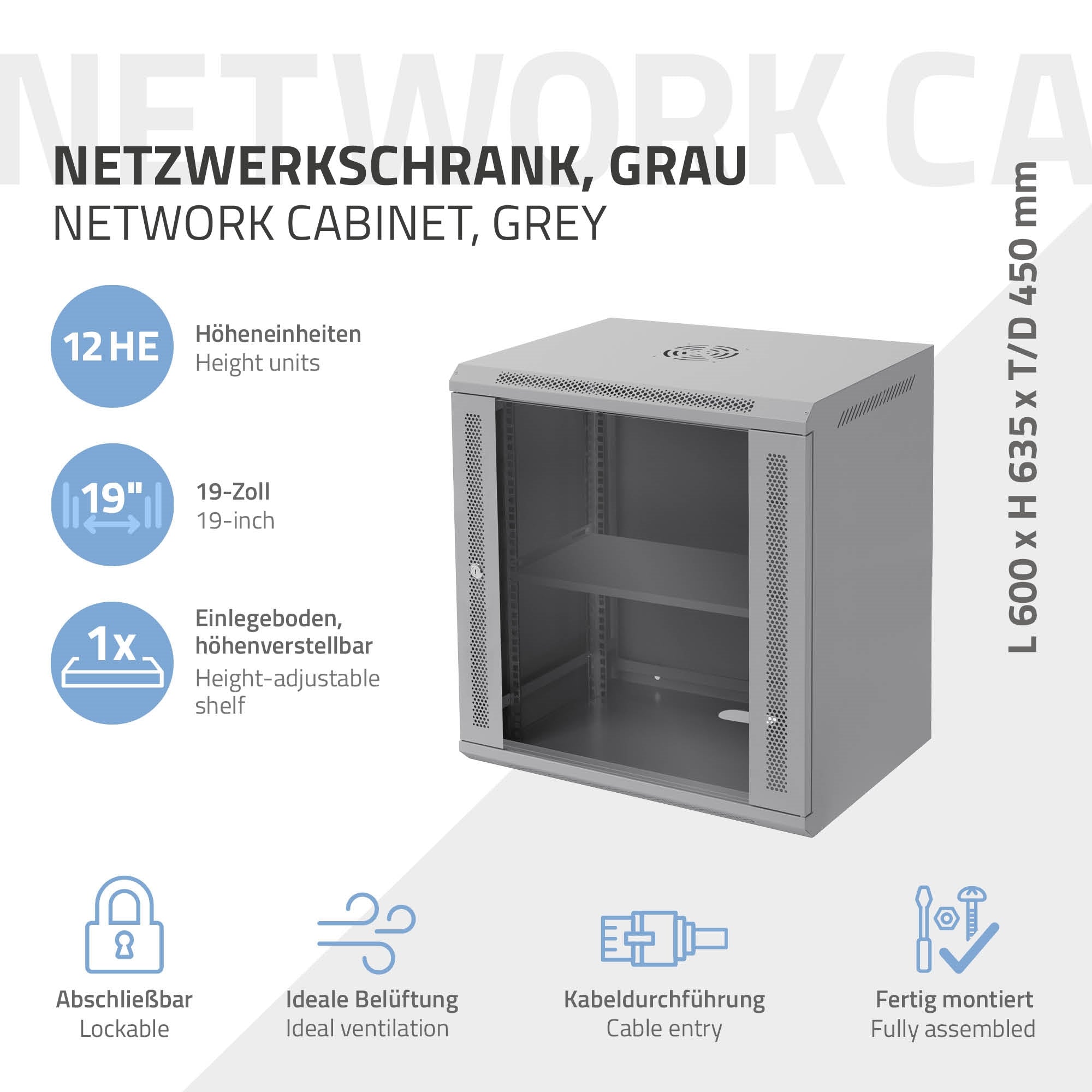 Grauer Netzwerkschrank mit 12 Höheneinheiten, 19 Zoll, 600 x 635 x 450 mm.