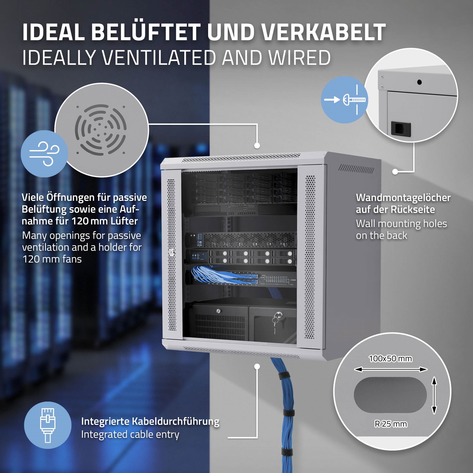 Weißer Server-Schrank mit Kabeln und Lüftungsschlitzen, im Hintergrund Server.
