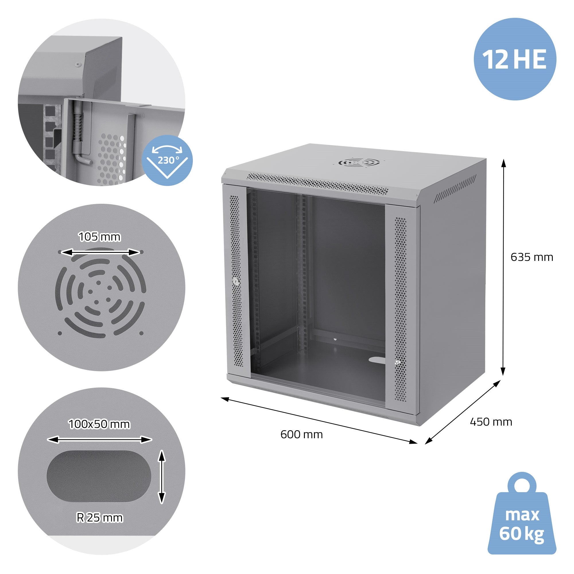 Grauer Rack-Schrank mit Abmessungen und Belüftungslöchern.