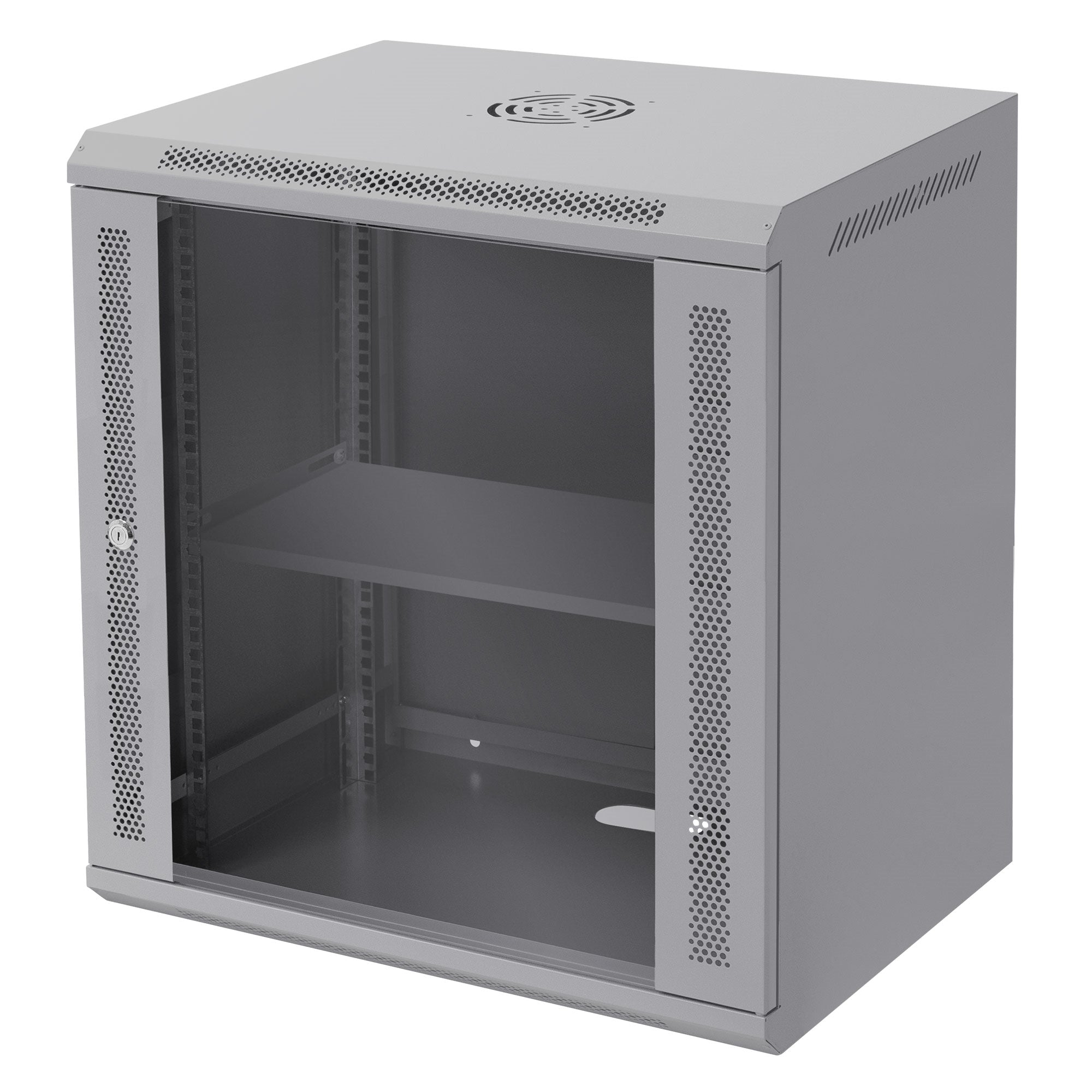 Grauer Serverschrank mit Glastür und zwei Regalen.