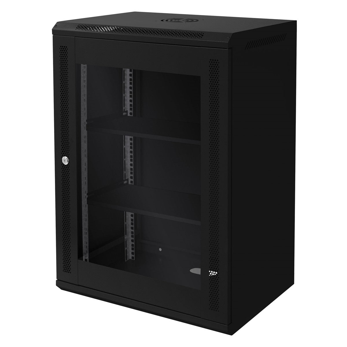 Svart serverskåp med glasdörr, två hyllor och ventilation.