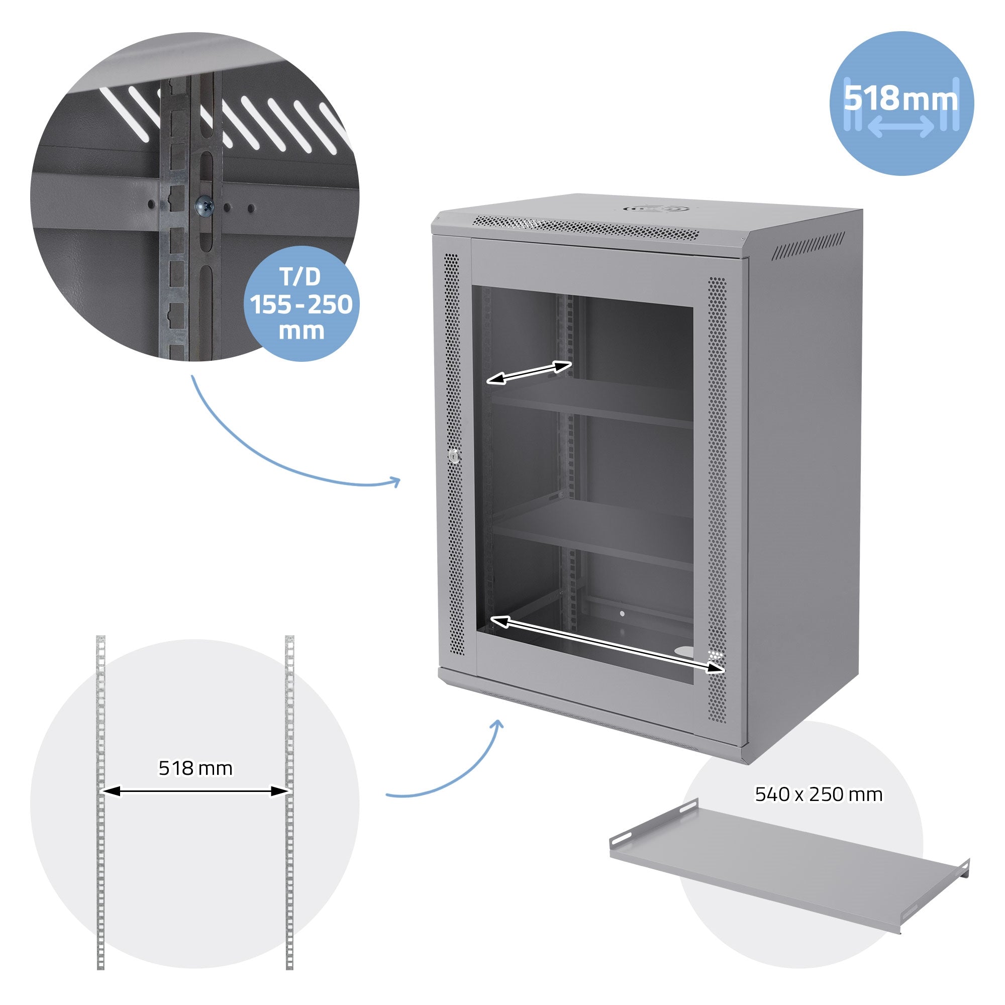 Gray server cabinet with glass door, two shelves, and measurements.