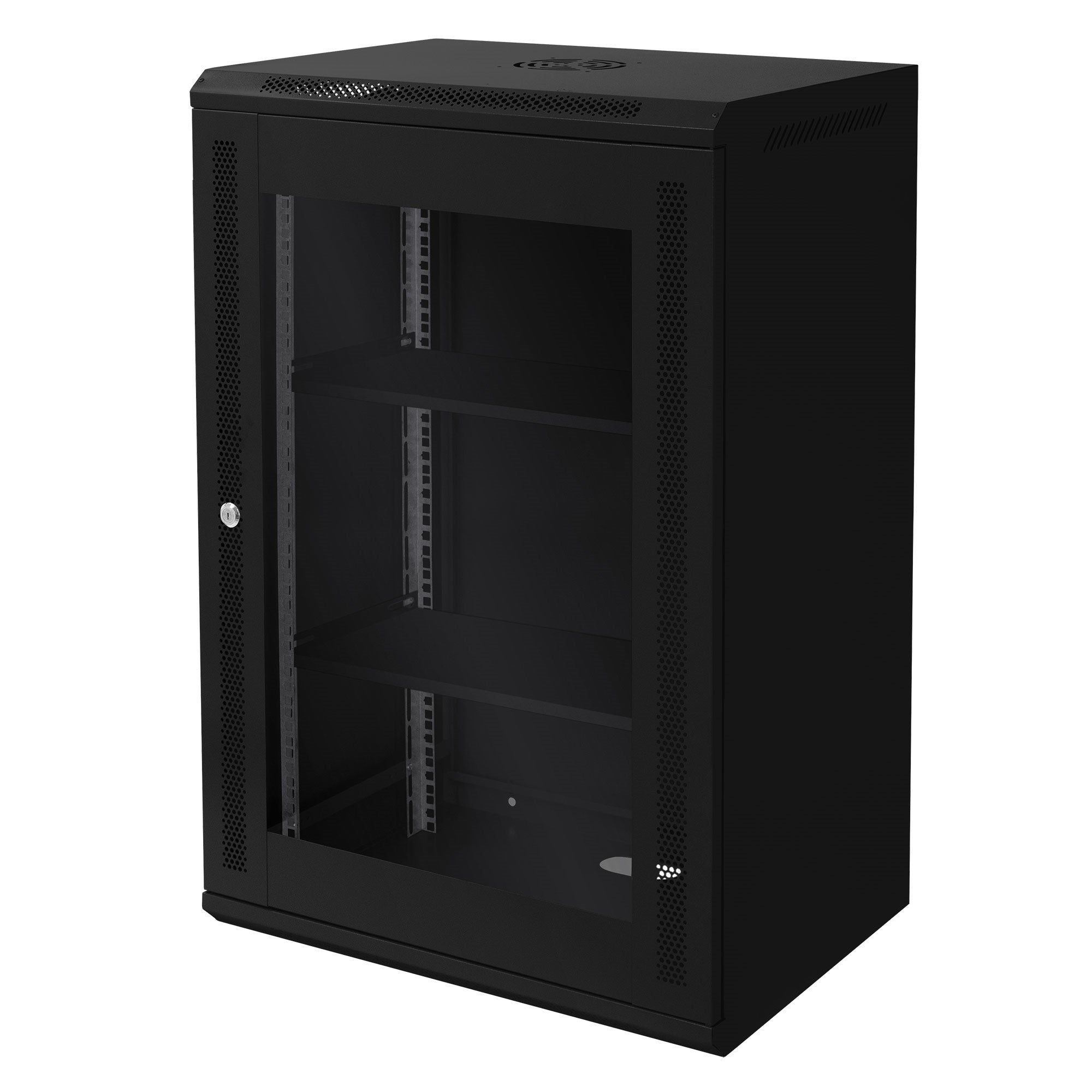 Schwarzer Serverschrank mit Glastür und zwei Regalen, seitliche Ansicht.