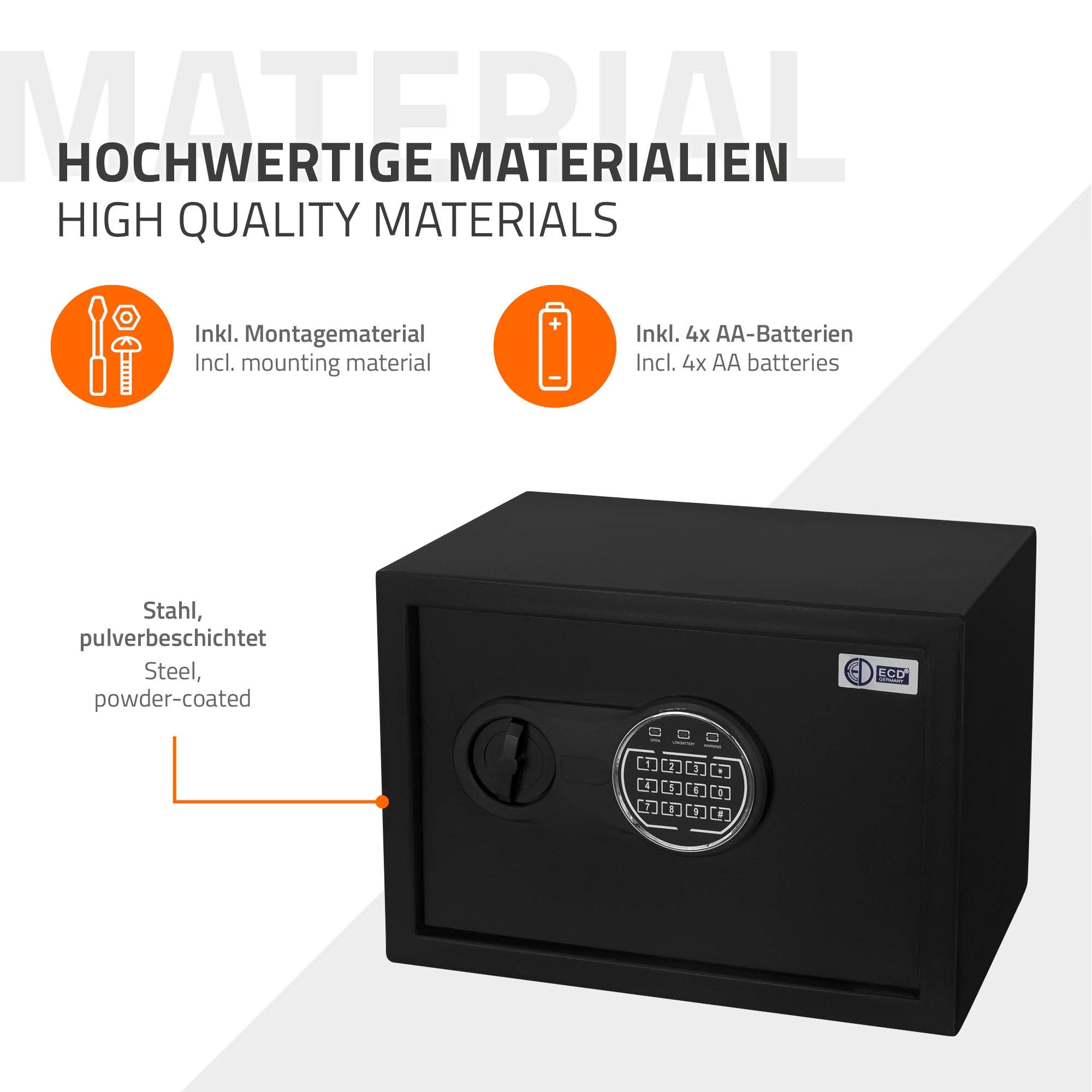 Sicherheitsbox aus pulverbeschichtetem Stahl mit Zahlenschloss.
