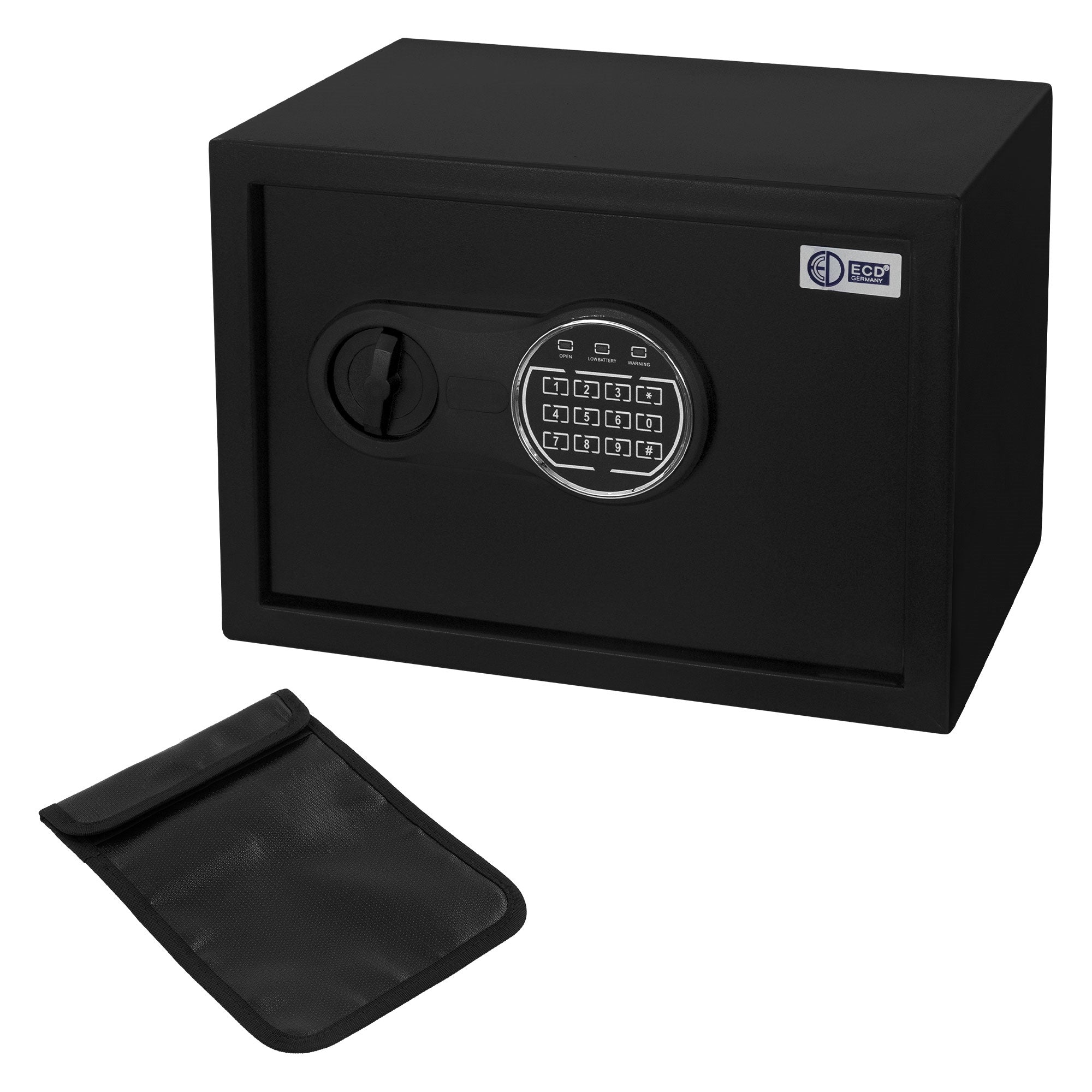 Schwarzer Safe mit PIN-Code und Schlüsselzugang, daneben eine schwarze Tasche.