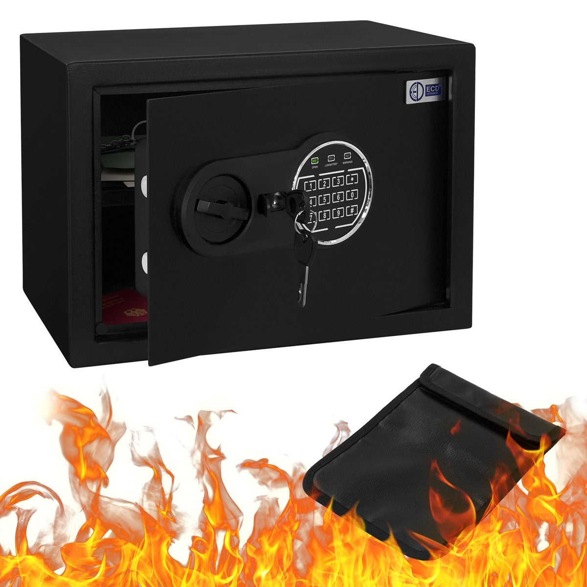 Open black safe with documents and a fire extinguisher in the foreground.