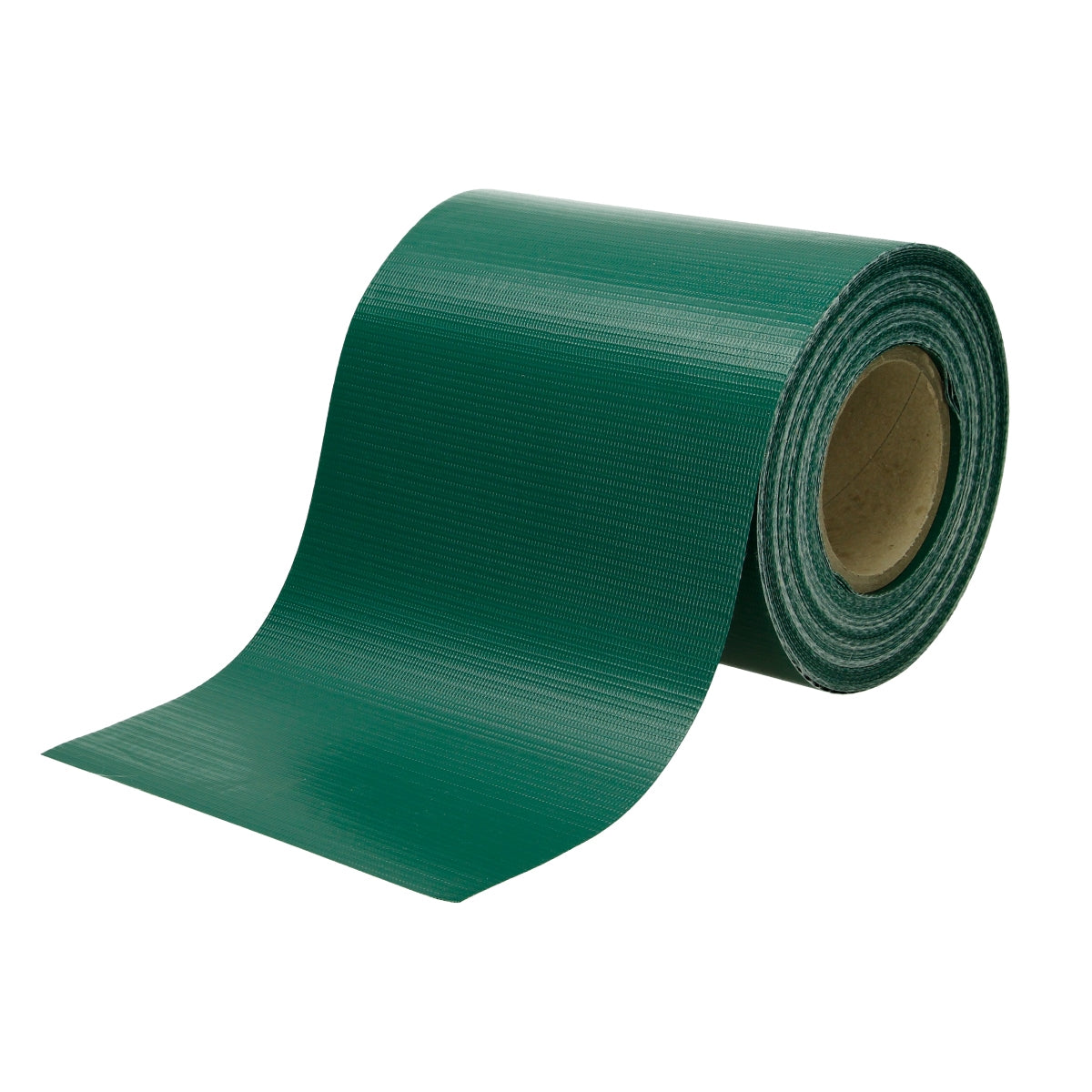 Un rollo verde de material plástico sobre un fondo blanco.