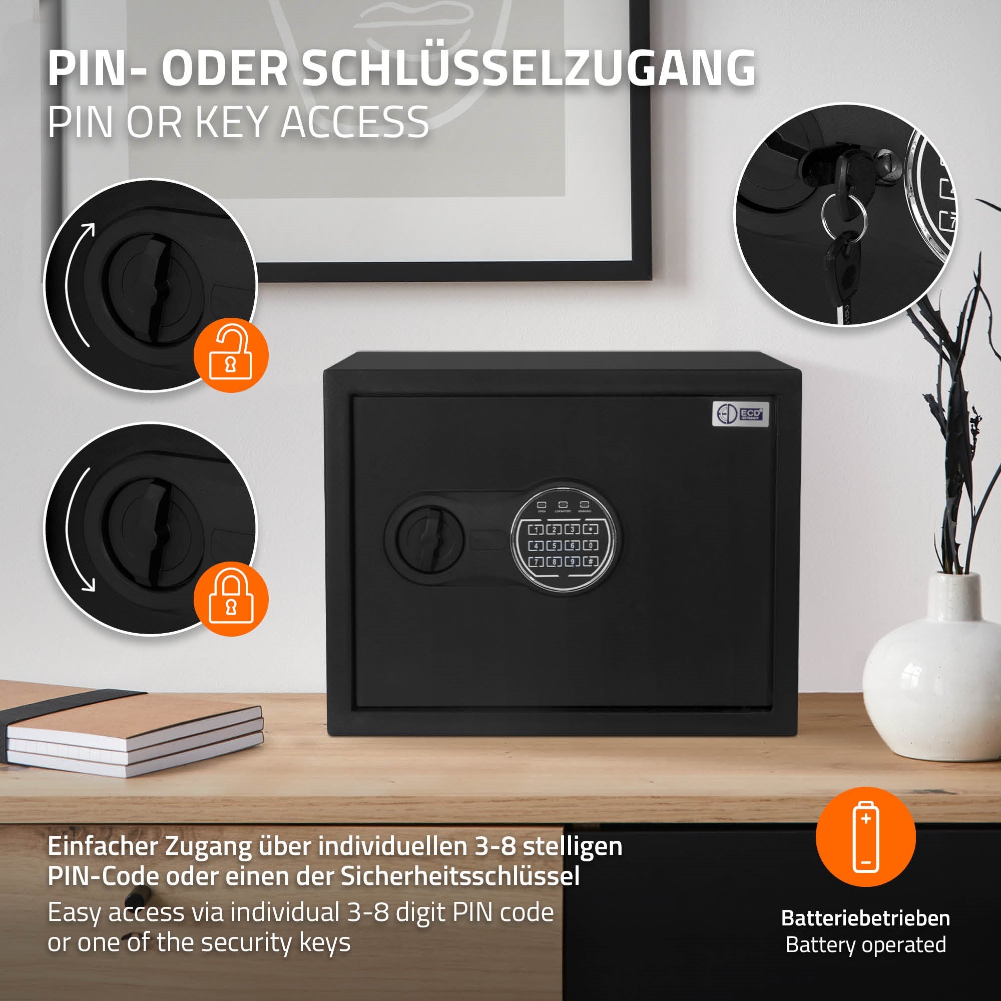 Schwarzer Safe mit PIN- und Schlüsselzugang, Batterie betrieben.