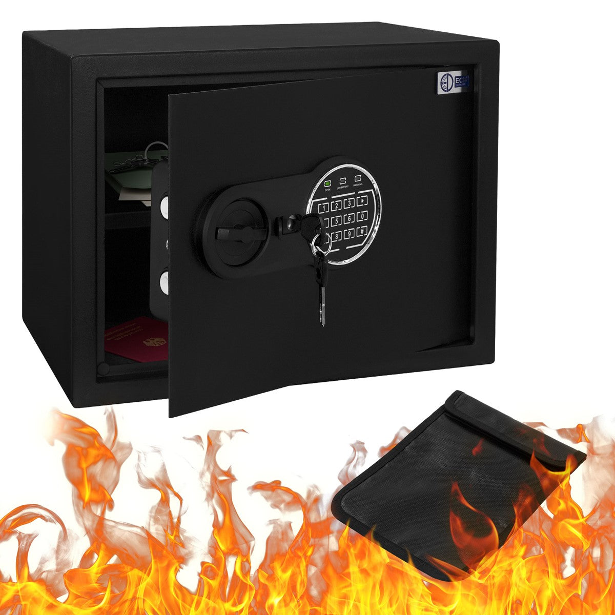 Open black safe with documents and a burning background.