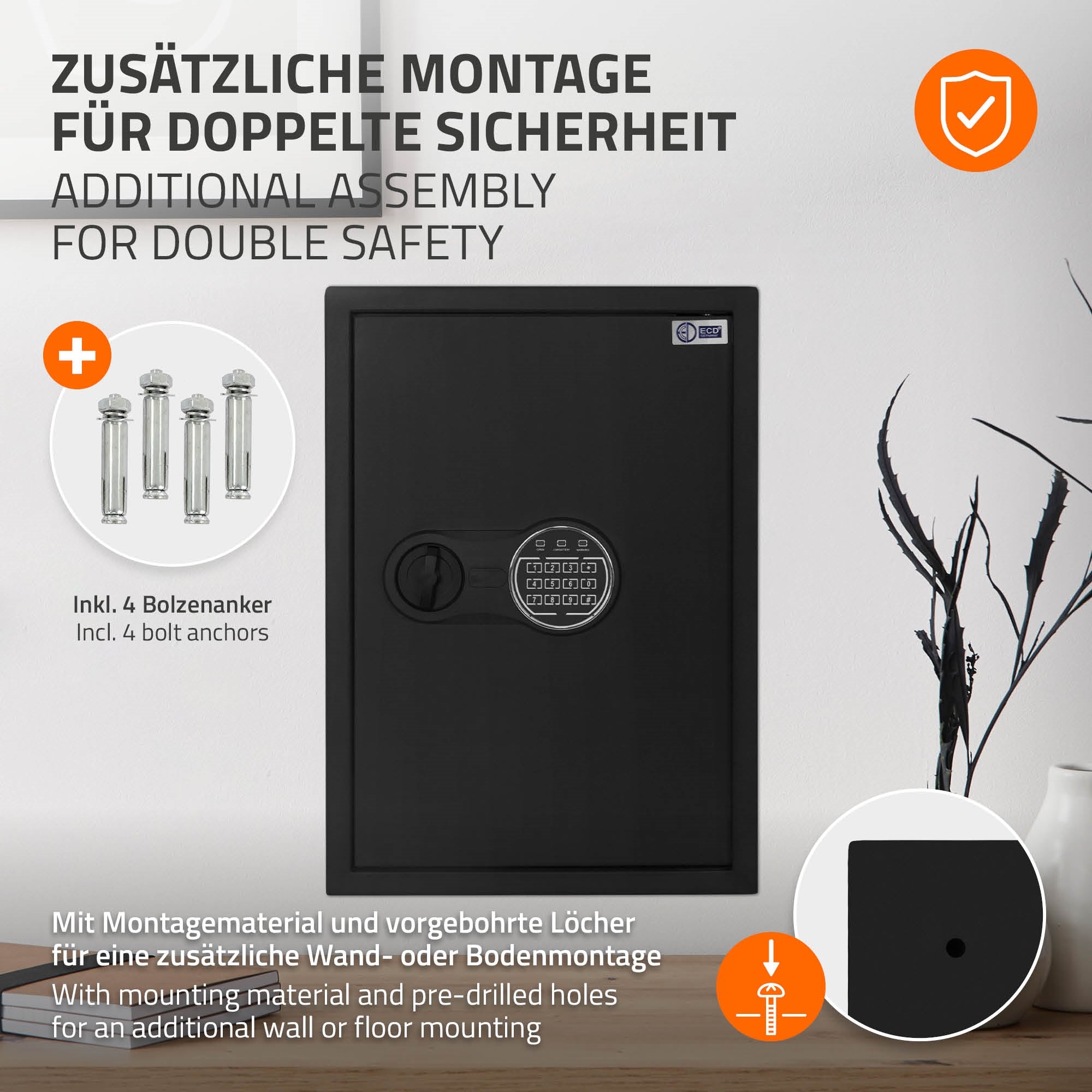 Biztonsági doboz számkombinációs zárral, falra szerelve.