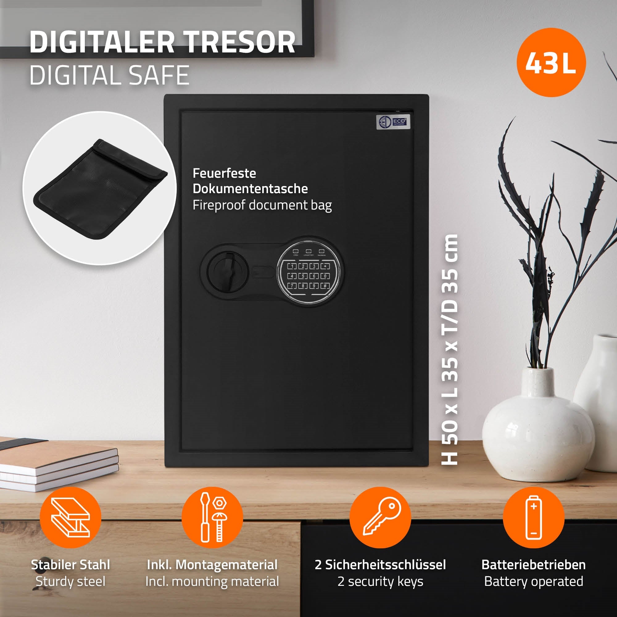 Digitaler Tresor in Schwarz, mit Zahlenfeld und stabiler Bauweise.