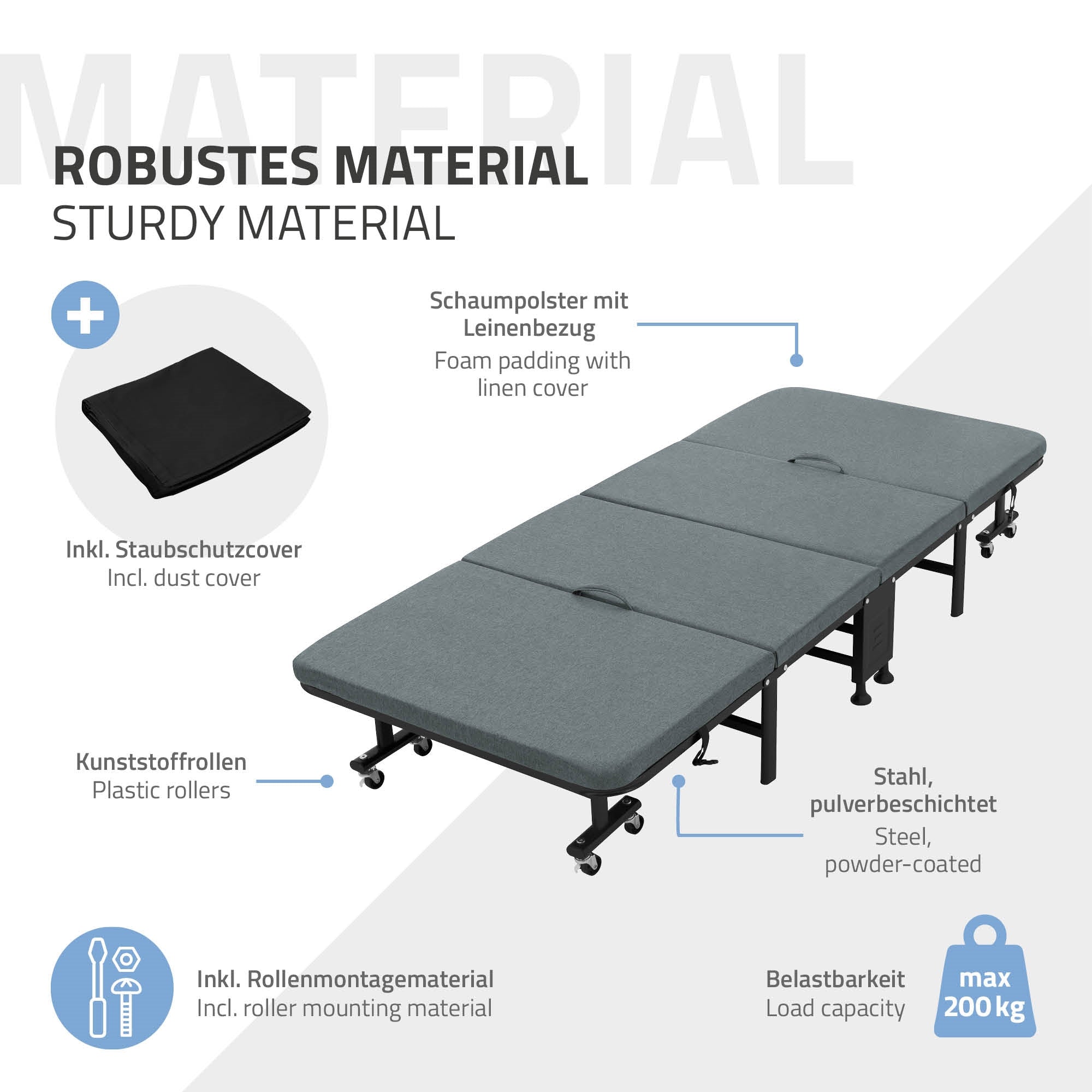 Grafik mit Informationen zu einem faltbaren Bett und seinen Materialien.