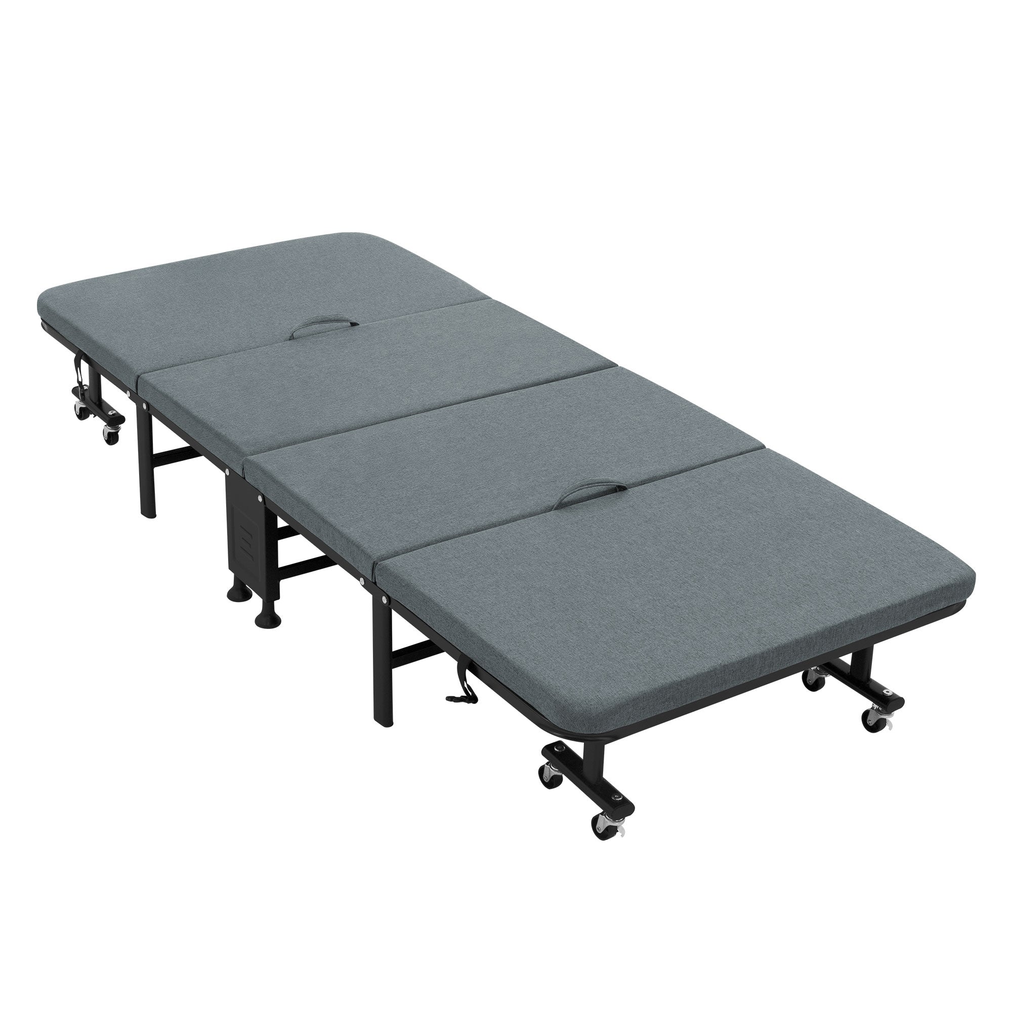 Faltbares Bett mit grauem Bezug und Rollen, in ausgeklappter Position.