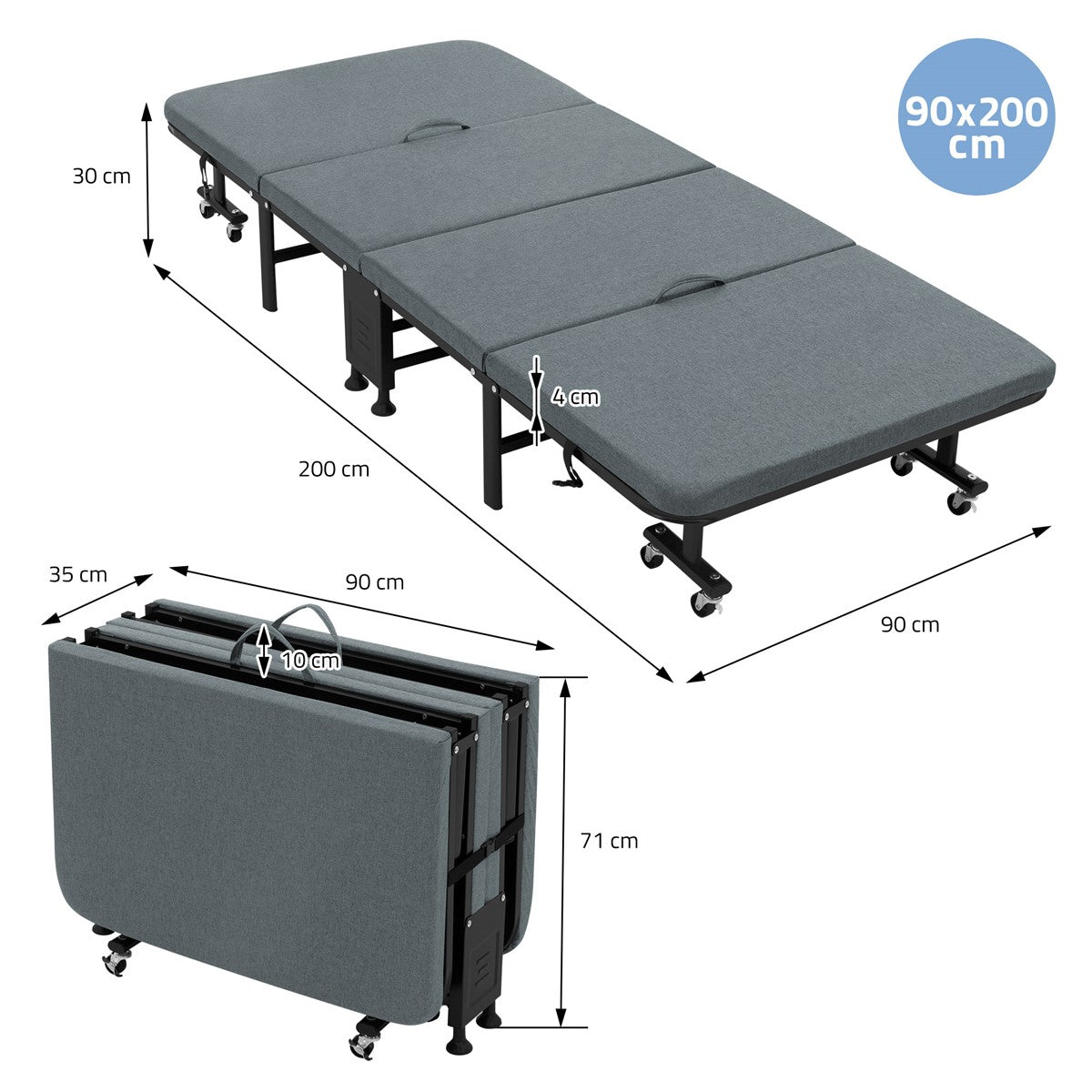 Foldbar seng med målene 90 × 200 cm, i grå, udfoldet og sammenfoldet.