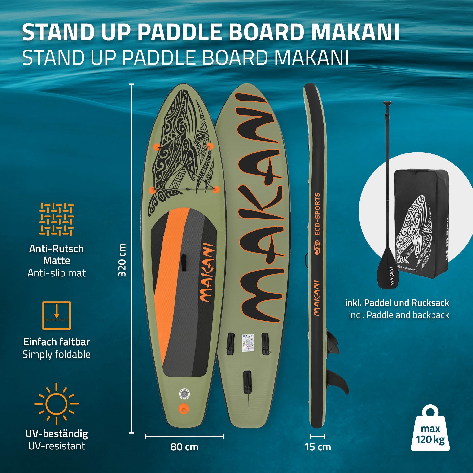 Darstellung eines faltbaren Stand Up Paddle Boards mit Zubehör und Spezifikationen.